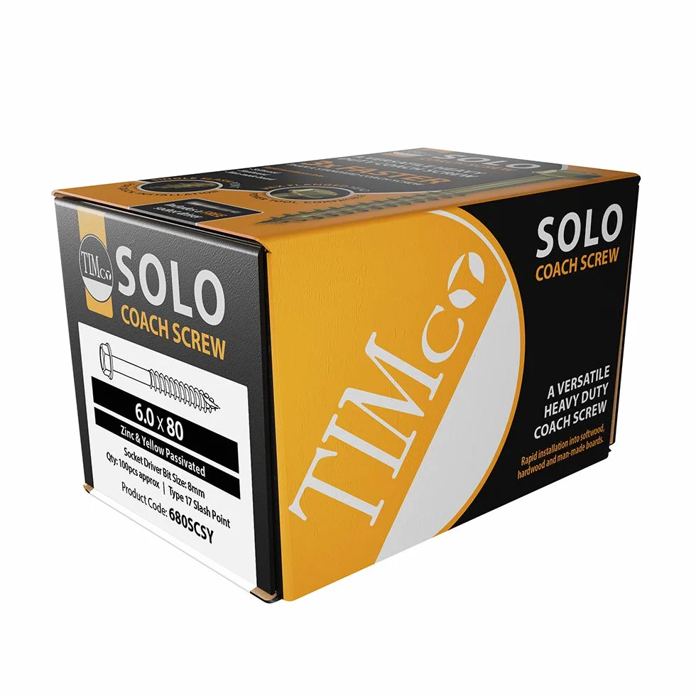TIMCO Śruby do autokarów solo 6,0 x 80 mm z łbem sześciokątnym-żółty-(pudełko 100) - 680SCSY, 6,0 x 80 mm