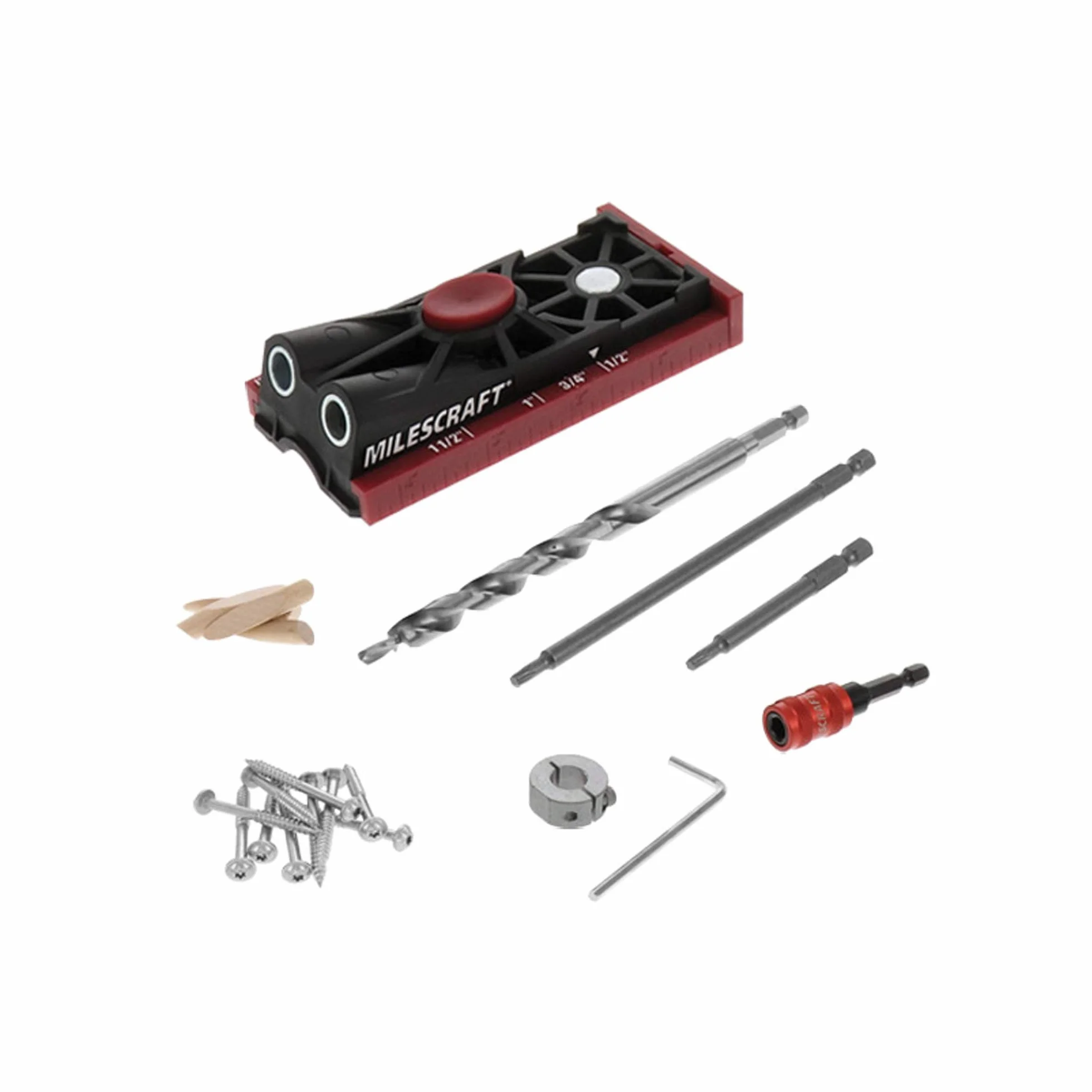 Milescraft 7336 kieszonkowy Jig 200XCJ – zestaw otworów kieszonkowych z podwójnym otworem kieszonkowym, pojedynczym otworem kieszonkowym, zaciskiem czołowym 5 cm i akcesoriami potrzebnymi do każdego