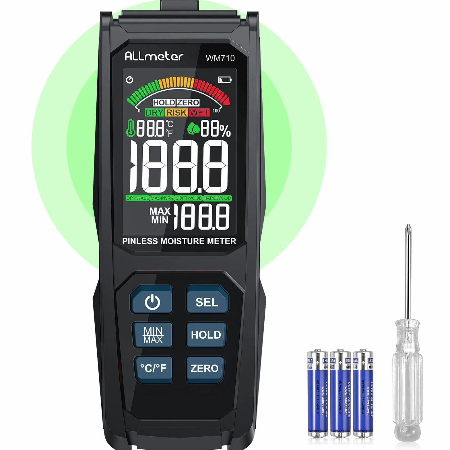 Miernik wilgotności drewna 20-40mm,Wilgotność Wskaźnik Higrometr Wilgotność bez igły z cyfrowym LCD Alarm dla ścian, drewna, muru, betonu, materiałów budowlanych