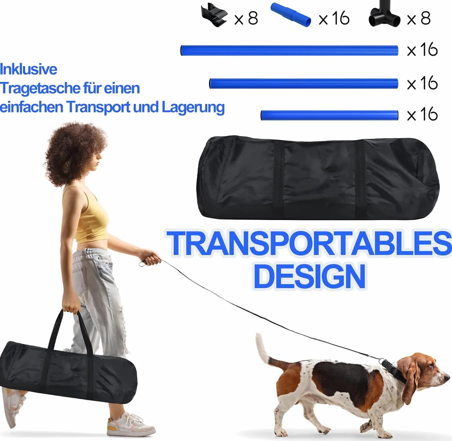 Agility zestaw płotek dla psów, pręty slalomowe, wyposażenie do treningu psów z 4 płotkami z regulacją wysokości, 104 x 70 x 101 cm, niebieski