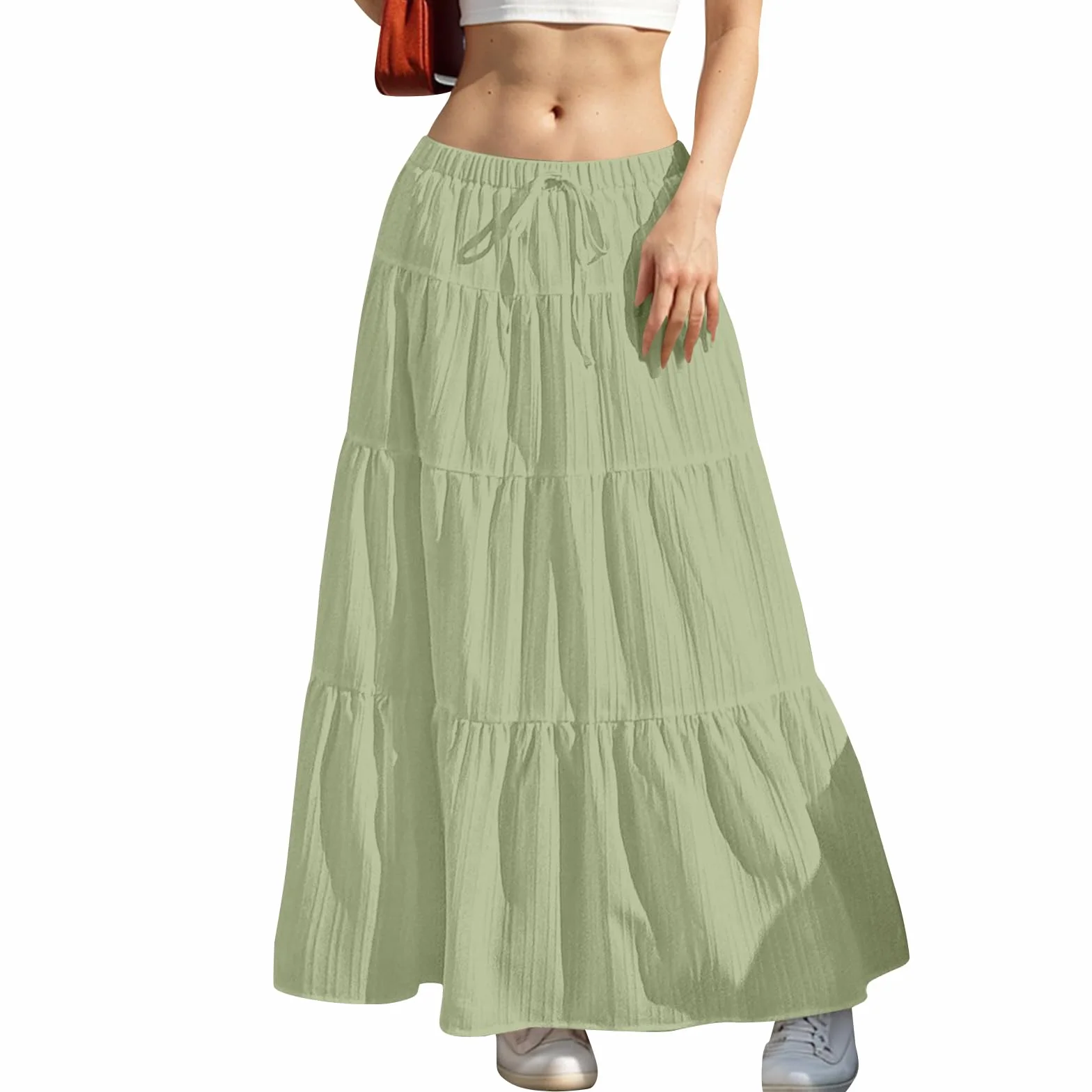 Tiered Long Skirts for Women Summer Vacation A-Line Pleated Skirt Drawstring High Waisted Flowy Swing Maxi