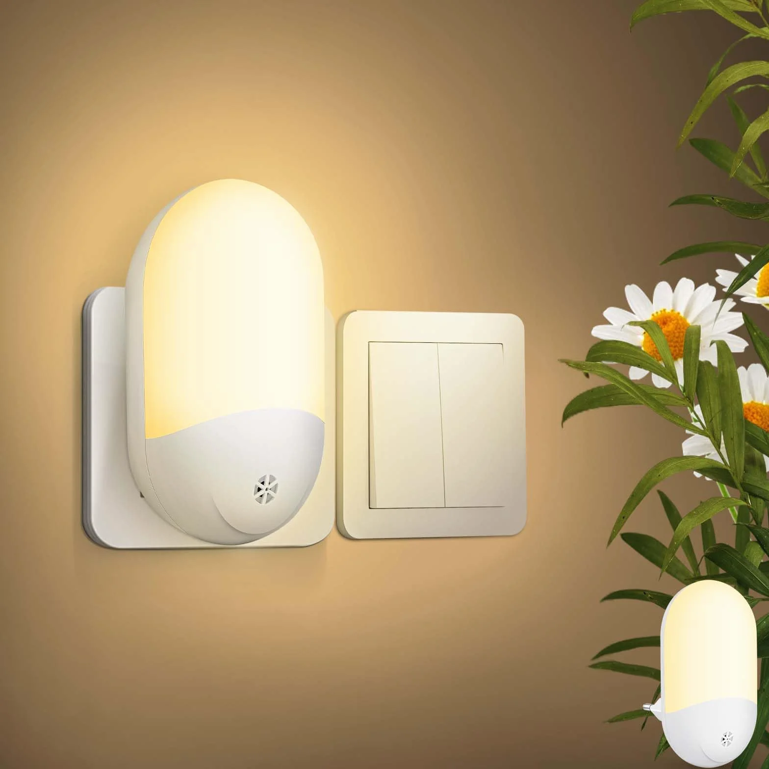 HOTUT Lampka nocna z czujnikiem zmierzchu, lampka nocna wtykowa, ciepła biel, lampka nocna dla dzieci, automatyczne włączanie/wyłączanie, bardzo dobra do pokoju dziecięcego, korytarza schodów,