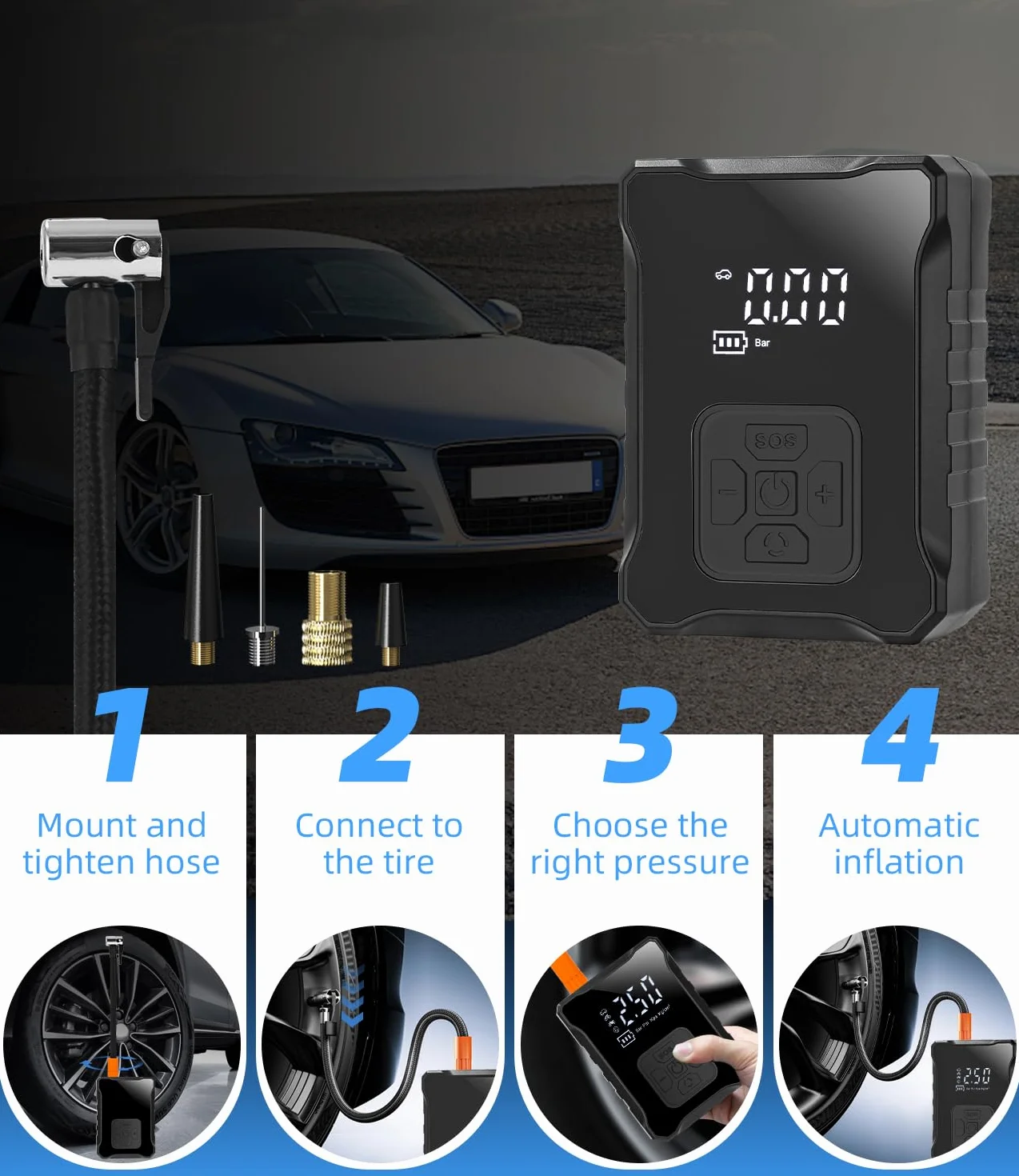 Elektryczna pompa powietrza, mini sprężarka powietrza 150PSI Pompa rowerowa Elektryczna z cyfrowym wyświetlaczem LED Światło LED 3600 mAh Kompresor akumulatorowy do samochodu, roweru, motocykla, koszy