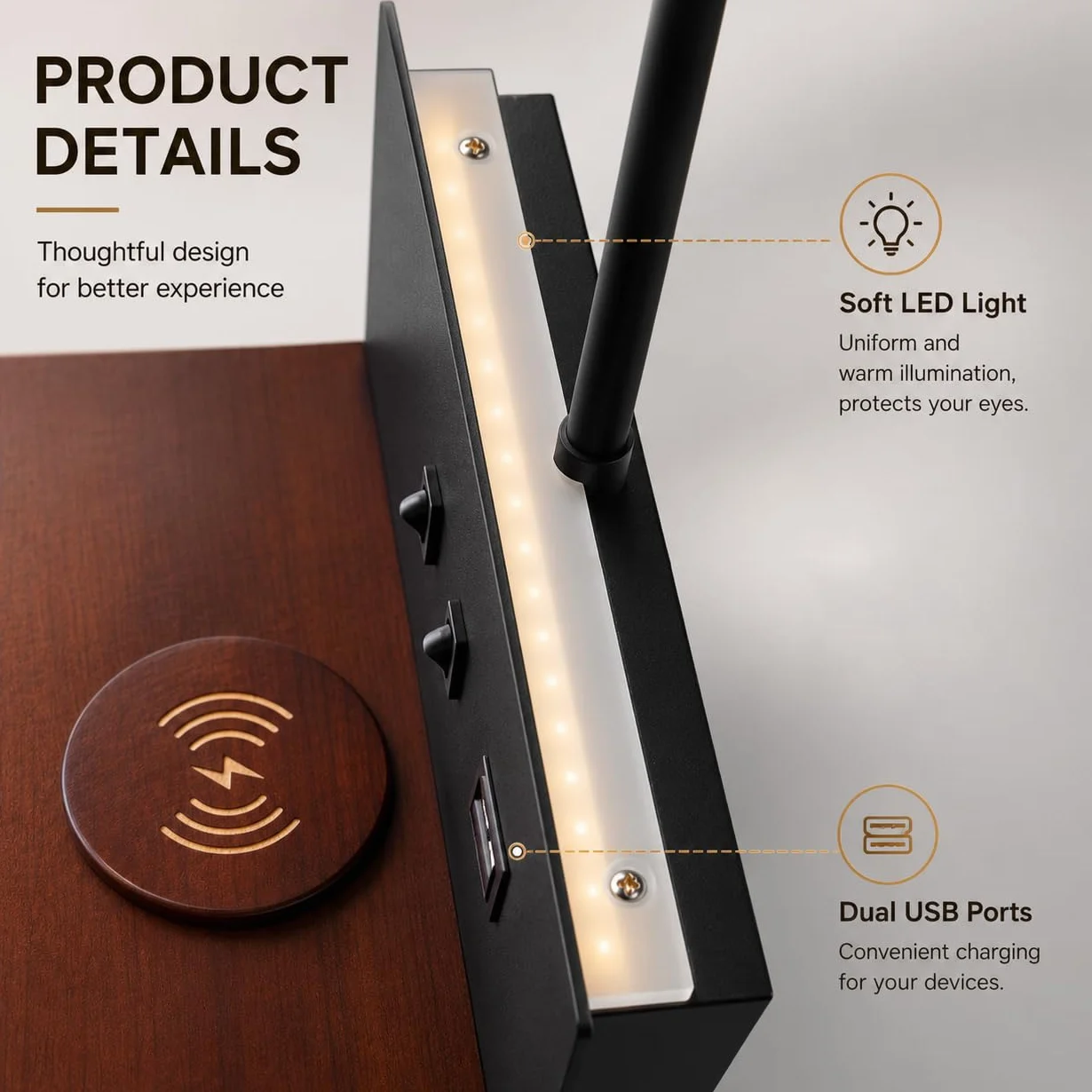 lampa ścienna LED do wnętrz z wtyczką, lampa ścienna do sypialni z portami USB i bezprzewodową ładowarką, regulowana i elastyczna lampa do czytania z gęsią szyją, lampka nocna 3000 K z podświetleniem
