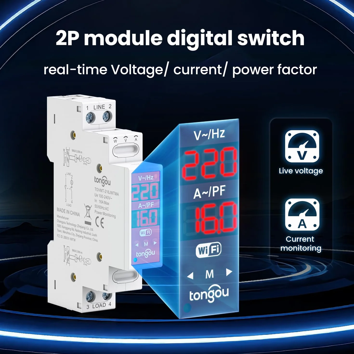Tongou Przełącznik 2P 18 mm Wlan | 16 A WLAN Smart Relais przełącznik z podwójną separacją | z pomiarem zużycia energii | aplikacja Smart Life | Alexa