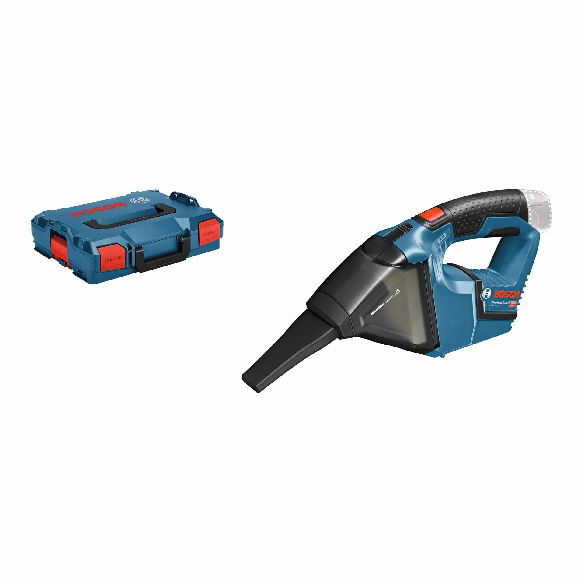 Bosch Professional System profesjonalny 12 V firmy : odkurzacz akumulatorowy GAS 12V (1 filtr płaski fałdowany, dysza do fug, bez akumulatorów i ładowarki, walizka L-BOXX 102)