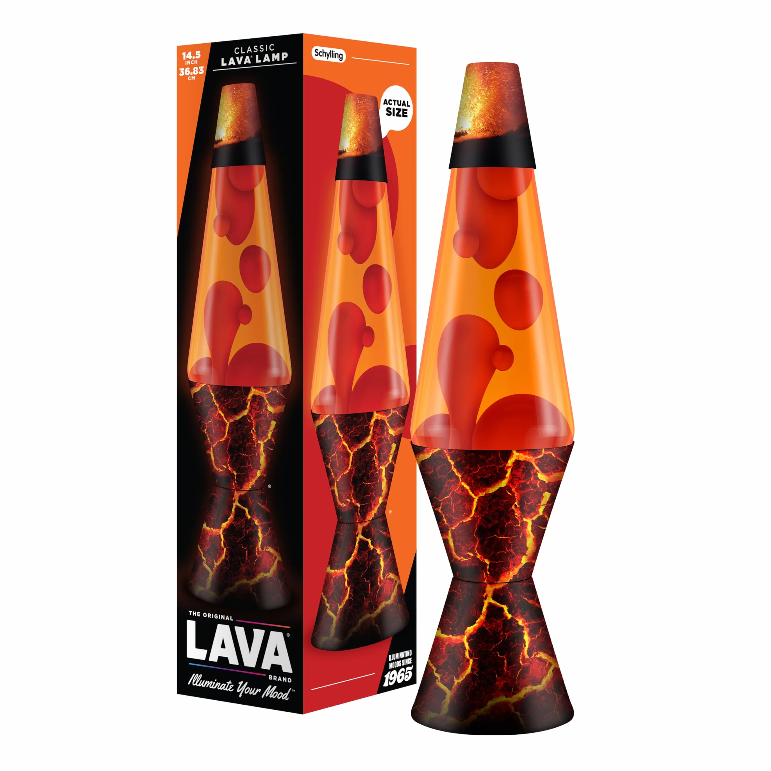 LAVA® – Lampa lawowa Volcanic Crags 2078, czerwona woskowa masa, pomarańczowy płyn, dekoracyjna podstawa i kapturek, oryginalna 14,5-calowa lampa z efektem ruchu marki LAVA®