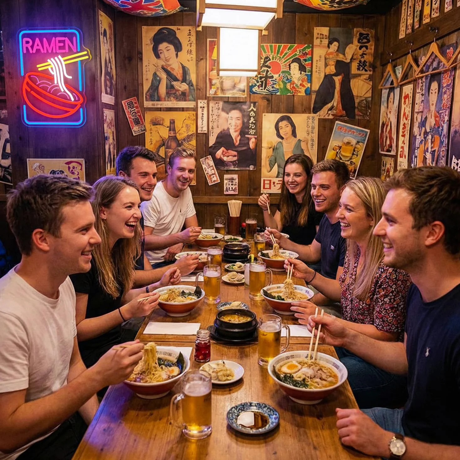 RAMEN Neonowy szyld do dekoracji ściennej, neonowe światło LED, tabliczka wisząca, zasilanie USB z przełącznikiem ściemniania, do sypialni, salonu, pokoju zabaw