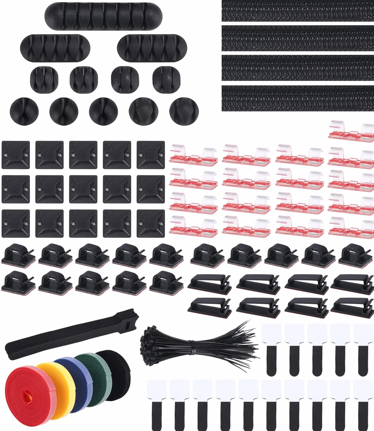 Zarządzanie kablami 204 PCS, zarządzanie kablami biurkowymi 9 typów, 100 opasek kablowych, rzepy 3M do cięcia Zestaw do zarządzania kablami Odpowiedni do wszystkich kabli Kable zasilające Kable sieciowe Kable telewizyjne