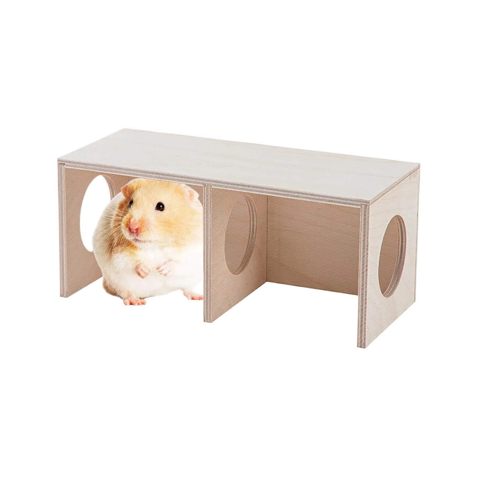 Wooden Hamster Conceal Habitat, 2-Chamber Multi-Room Small Animal Hiding Place, Natural Wood Hamster House and Maze, Cozy Shelter and Landscape Ornament for Hamsters, Gerbils,small Pets