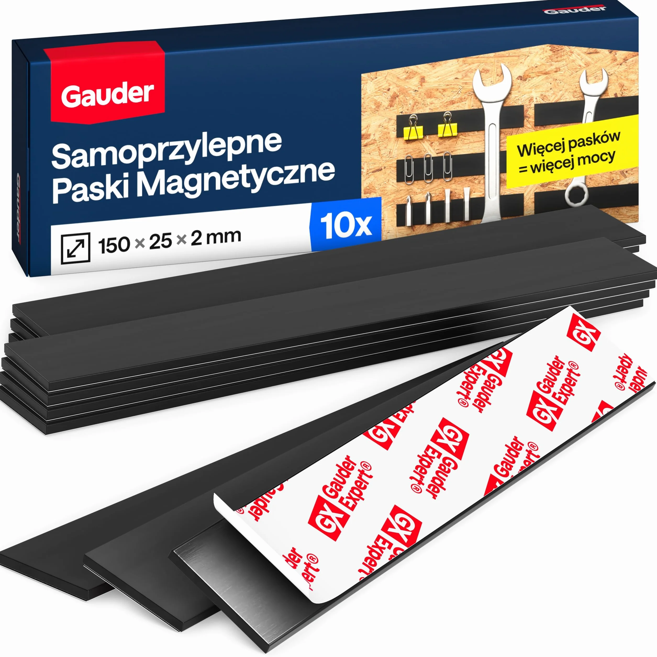 GAUDER Magnetyczne paski z warstwą klejącą - Mocne paski magnetyczne do przedmiotów metalowych - Przycięte magnesy z samoprzylepnym tyłem (10 sztuk - 15 cm x 2 mm x 2 mm)