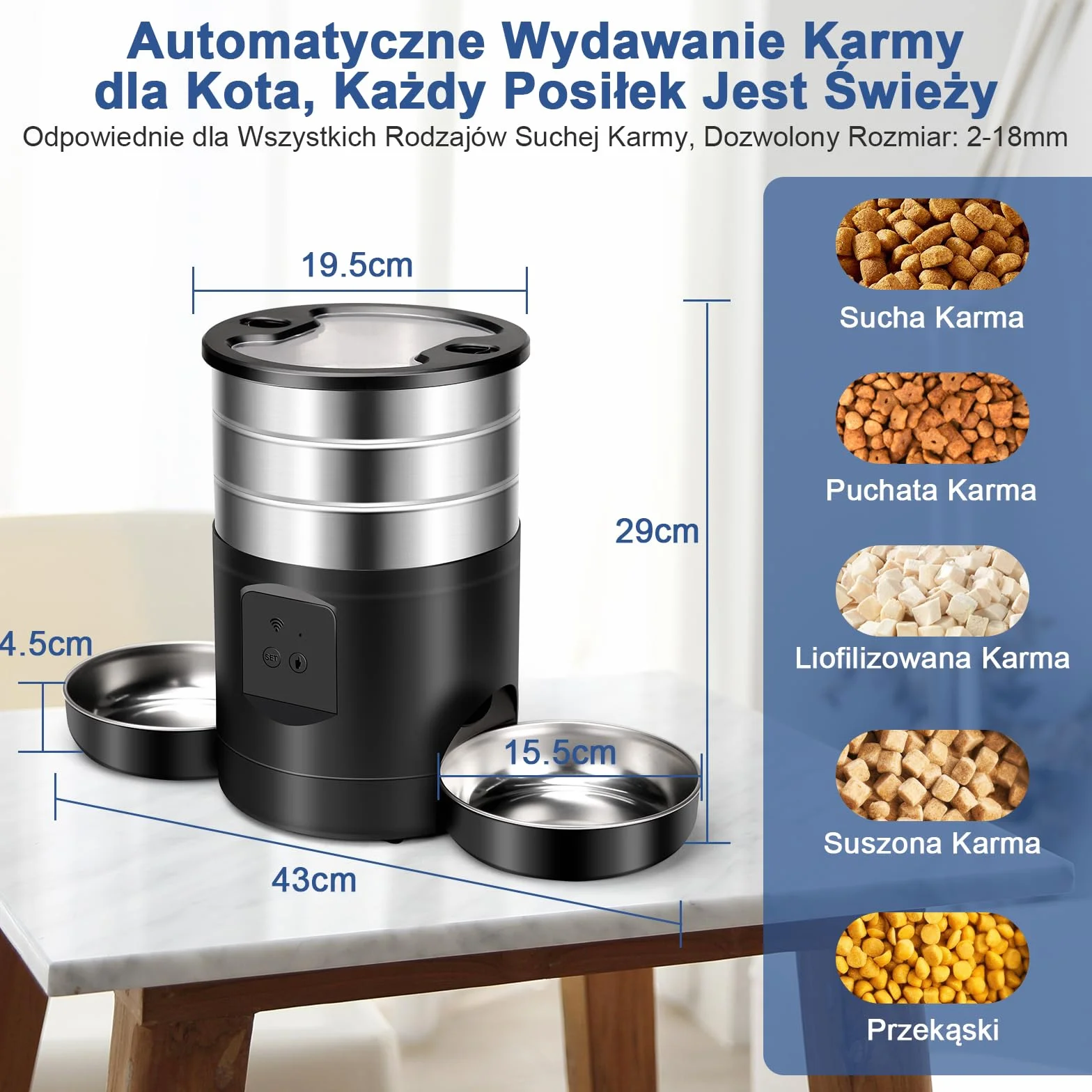 5L Automatyczny Dozownik Karmy Dla Kotów z Podwójnymi Miskami, 2.4G WiFi Zapobiegający Zatorom 1-40 Porcji Spersonalizowane Karmienie 24-Godzinna Rezerwacja, Automatyczny Dozownik Dla Psów i Kotów