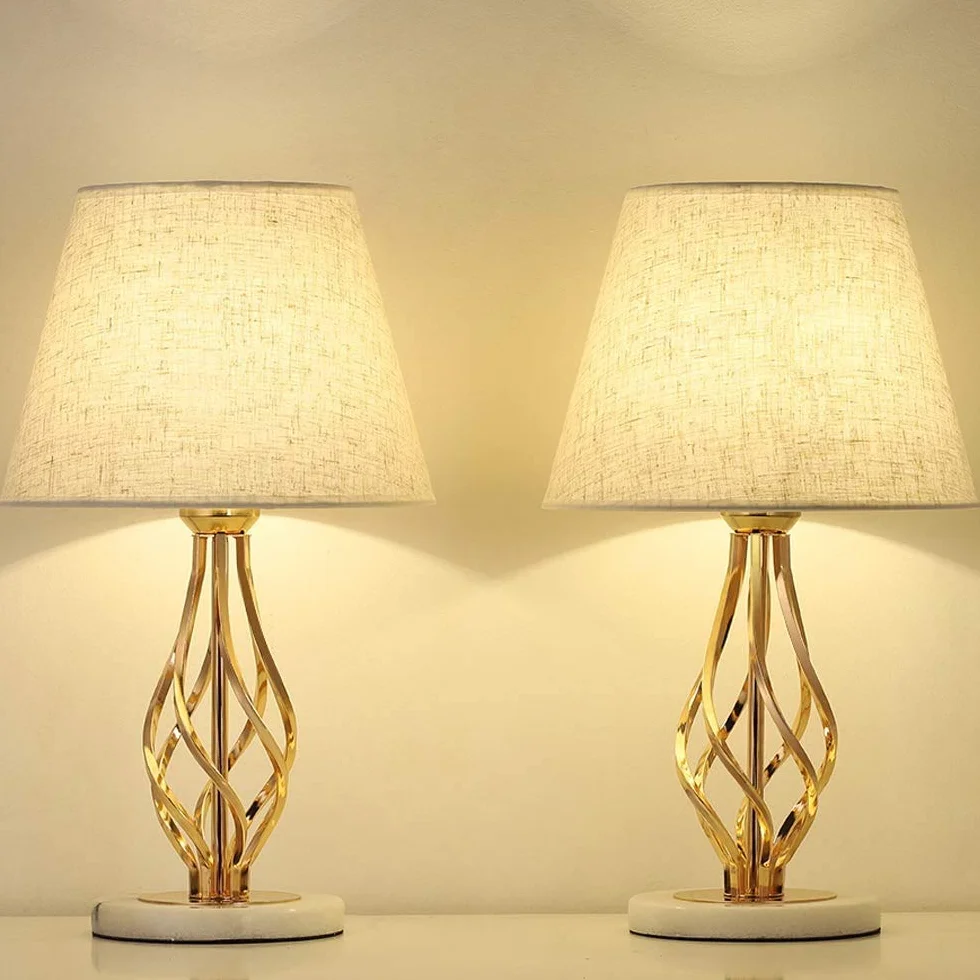 LIANTRAL Lampki nocne, Lampa nocna, 2-częściowy zestaw – nowoczesna lampa stołowa do sypialni, salonu, Marmurowa podstawa i lniany klosz, Złota ramka
