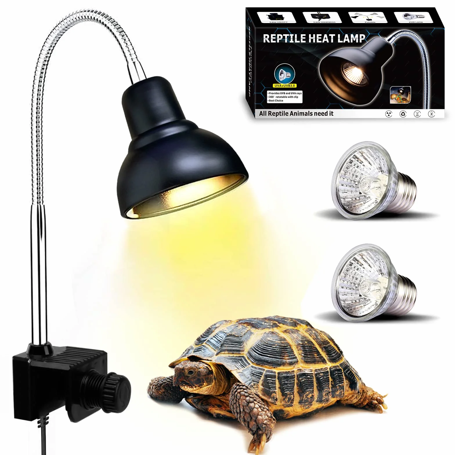 Żółw lampa grzewcza, do akwarium, gadów z 2 żarówkami UVA UVB Basking Spot i zaciskiem obrotowym 360° dla żółwia, węża, jaszczurki itp. halogenu, pomarańczowe światło