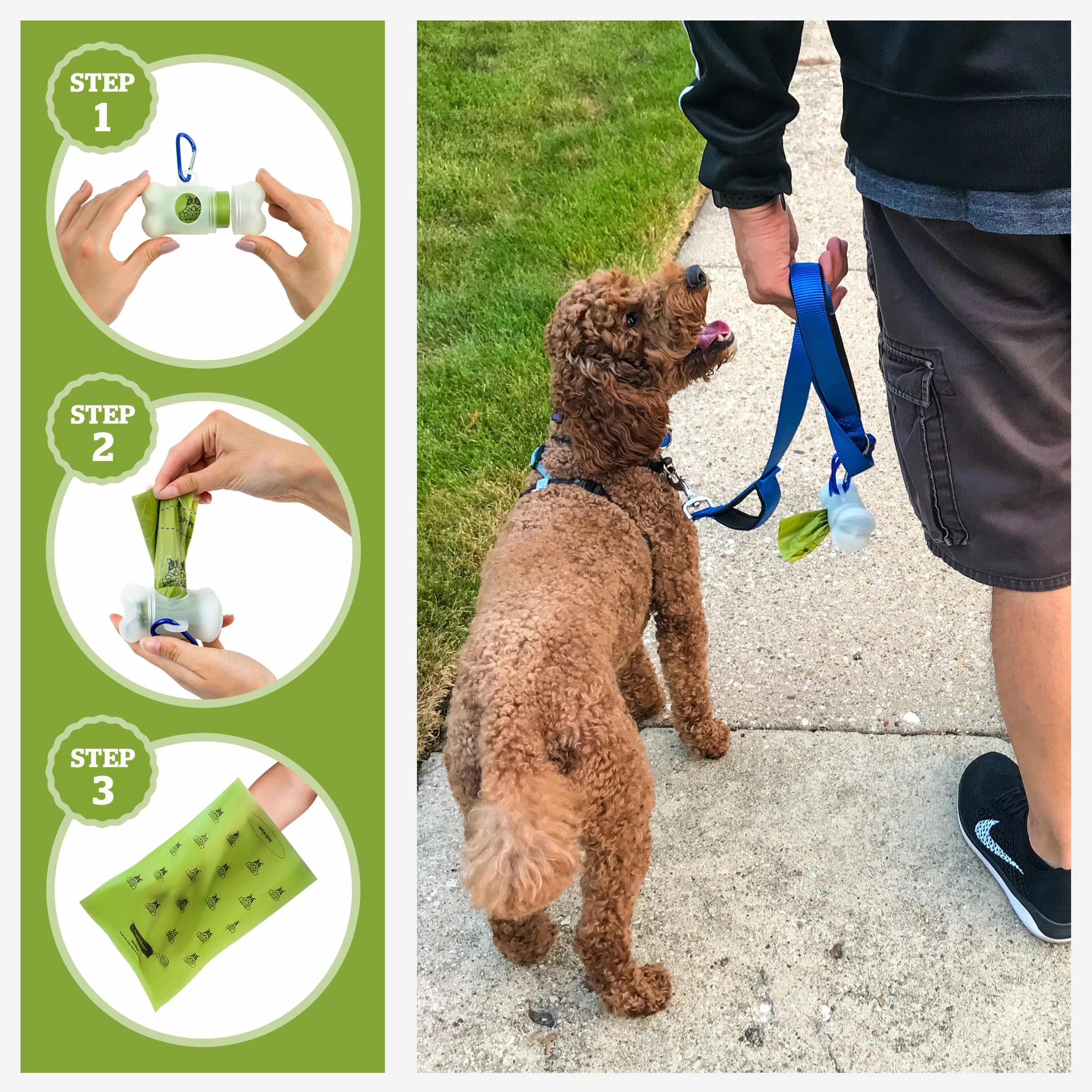 Pogi's Dog Poo Bag Holder – dozownik z metalowym karabińczykiem na smycze, zawiera 15 bezzapachowych torebek