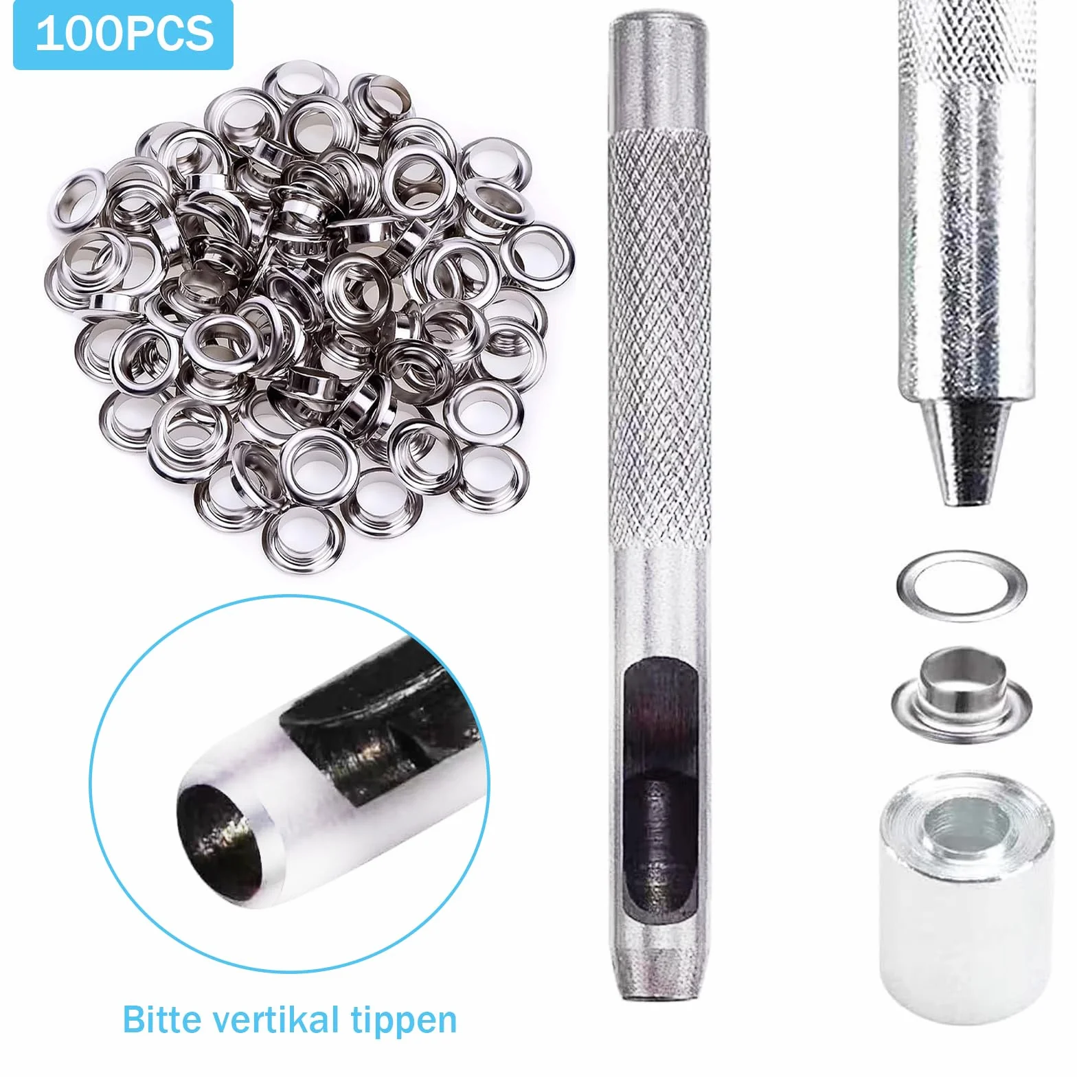 Zestaw szczypiec do oczek, 100 zestawów, oczka, 6 mm, metalowe tulejki, tulejki, zestaw narzędzi do wodoszczelnych plandek, zasłon, markiz, butów, toreb