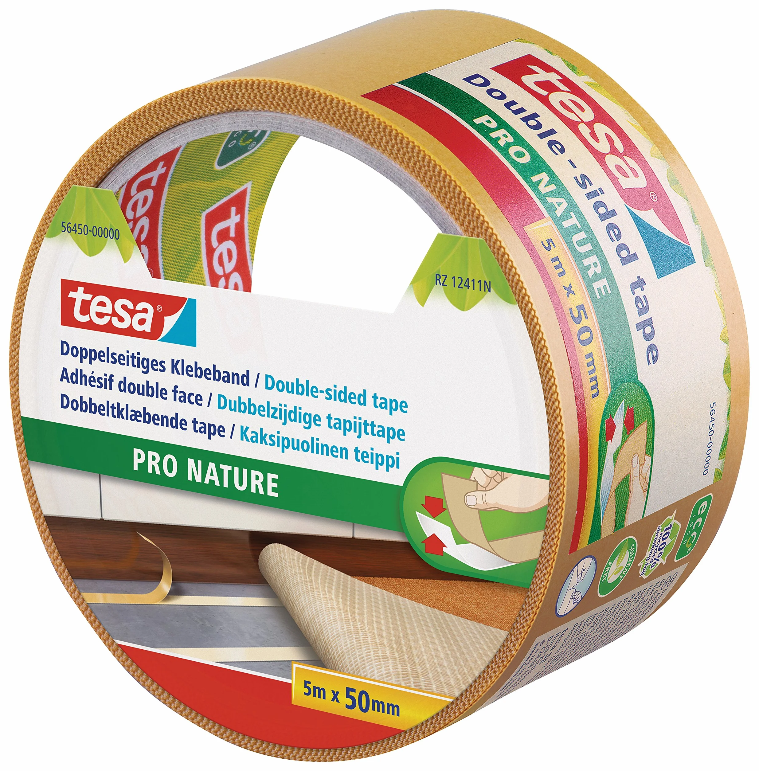 tesa Dwustronna taśma klejąca PRO NATURE – mocna i wszechstronna, nadaje się jako taśma do układania podłóg oraz do majsterkowania – wykonana w 100% z tworzywa sztucznego pochodzącego z recyklingu – 5