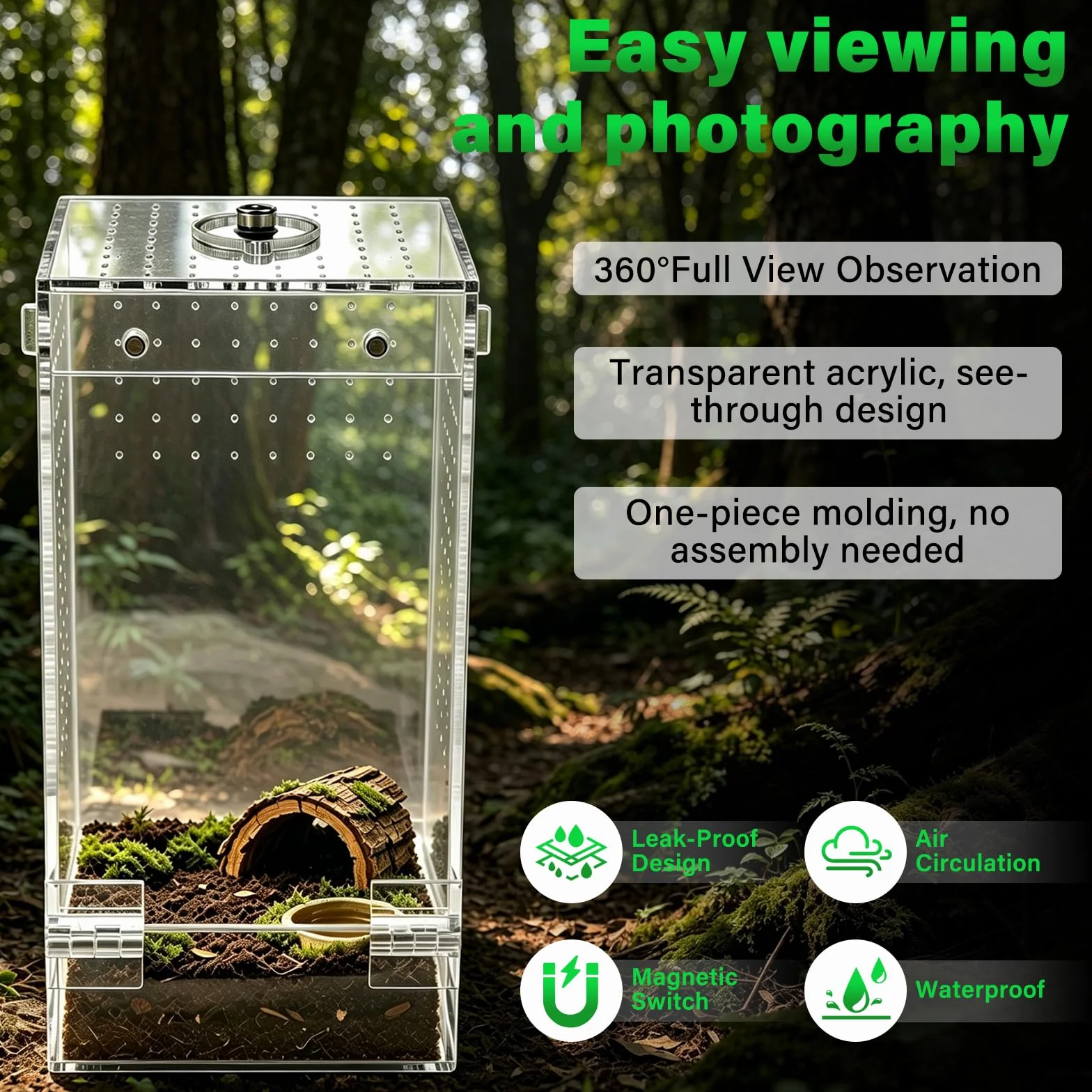 Homtone Akrylowe terrarium, terrarium owadów, terrarium ślimakowe z drzwiami magnetycznymi i otworem na karmę, odpowiednie dla pająków, ślimaków i owadów (10 x 10 x 20 cm)