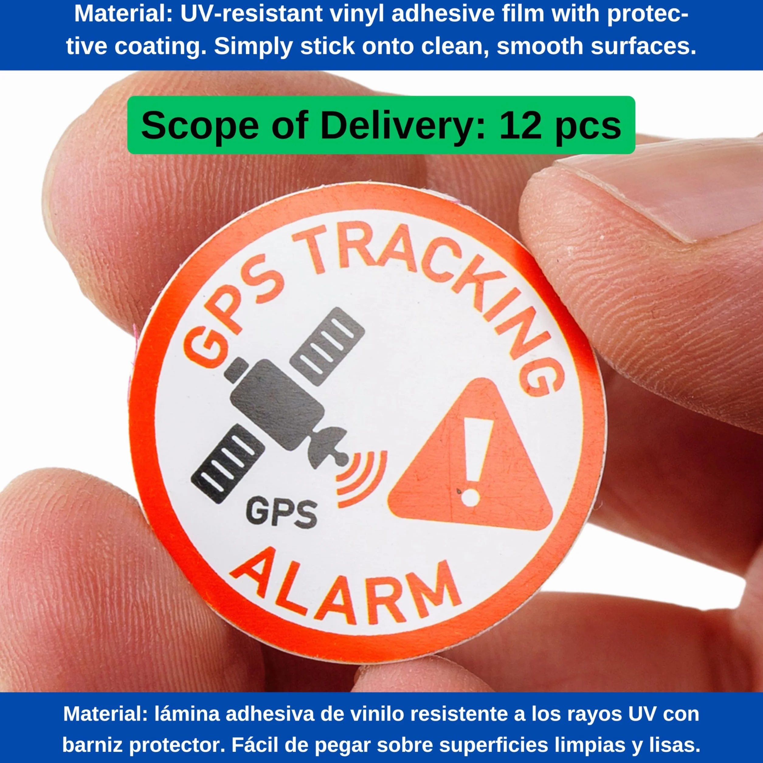 Naklejki GPS TRACKING ALARM 12 szt Ø 3 cm folia samoprzylepna ostrzegawcza