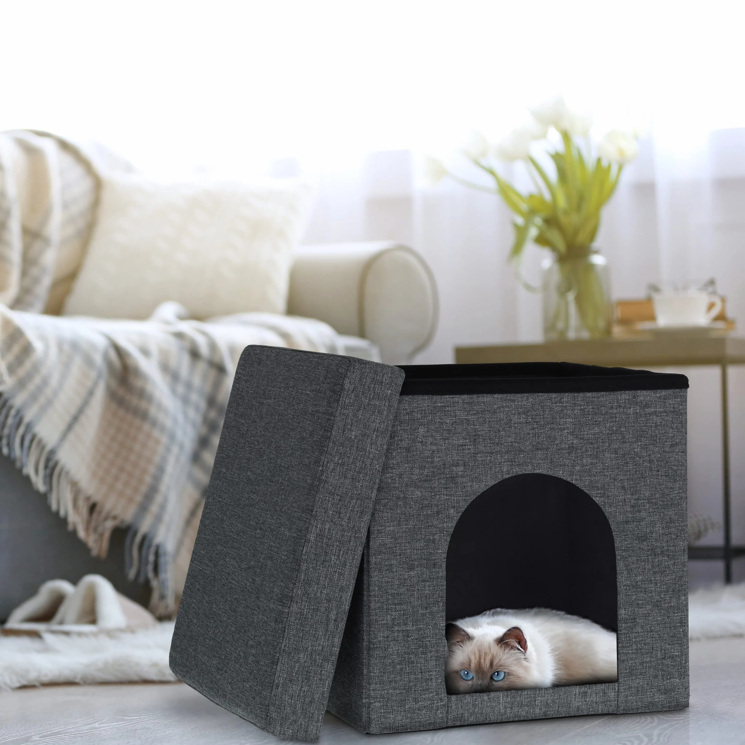Relaxdays Jaskinia dla kotów, miejsce do schronienia dla kotów i małych psów, do użytku wewnątrz pomieszczeń, wys. x szer. x gł.: 38,5 x 37 x 37 cm, szara