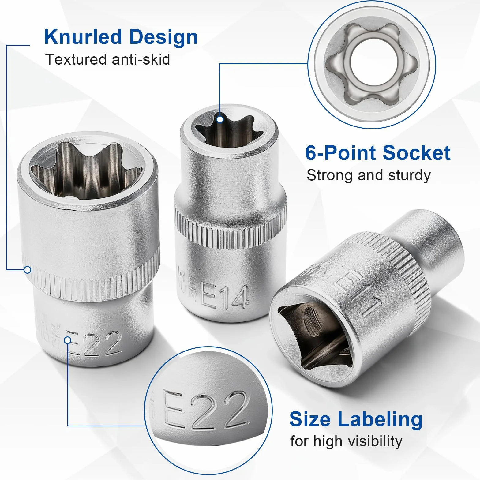 DAKCOS 9-częściowy zestaw kluczy nasadowych 1/2" E-Torx, profil E E10, E11, E12, E14, E16, E18, E20, E22, E24 z CR-V z matowym chromowanym wykończeniem