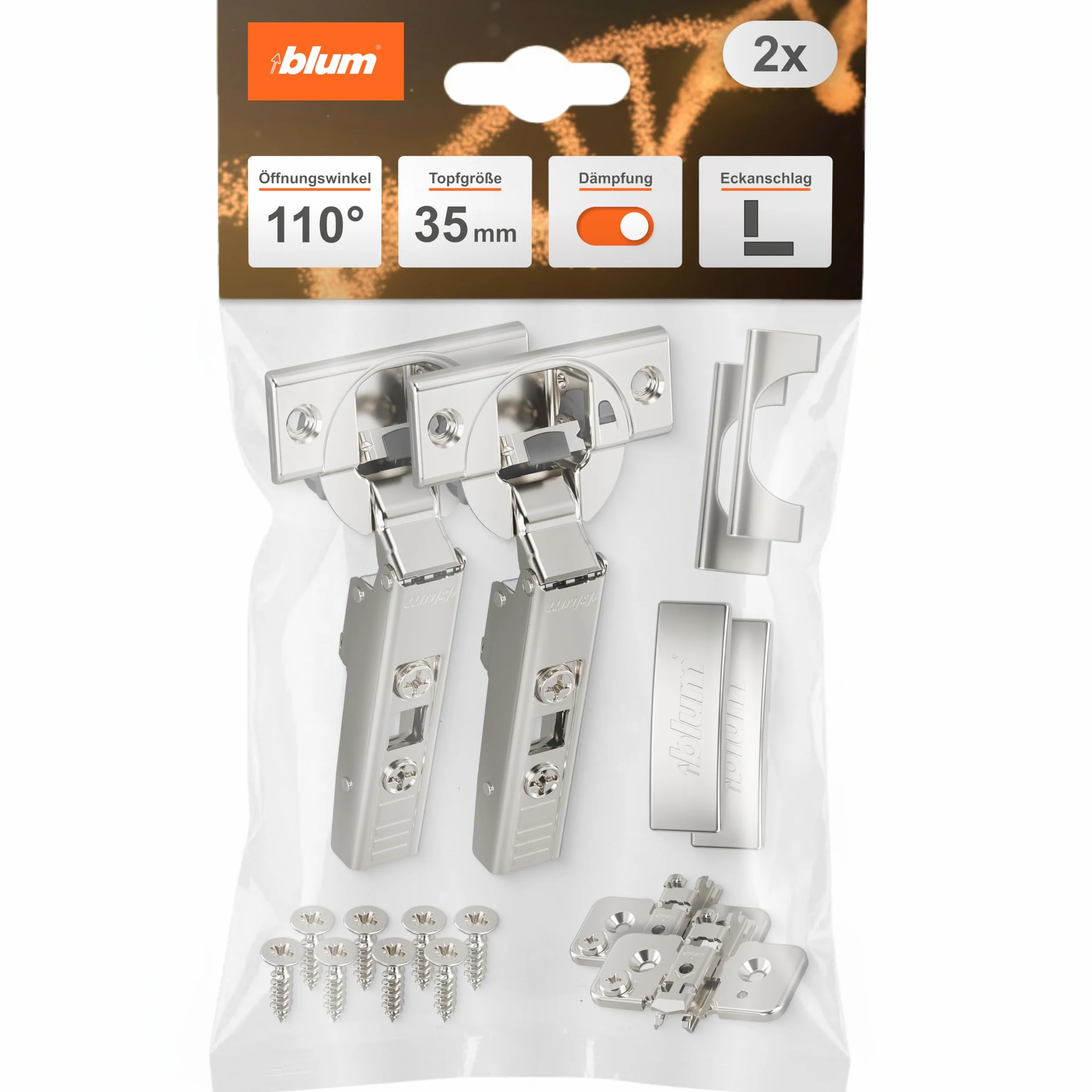 blum 2x zawias meblowy CLIP top BLUMOTION 110° I zawias puszkowy Soft-close 35 mm I prowadnik krzyżowy CLIP montowany oddzielnie, odstęp 0 mm | regulacja 3D frontu | Niklowany | nakładany