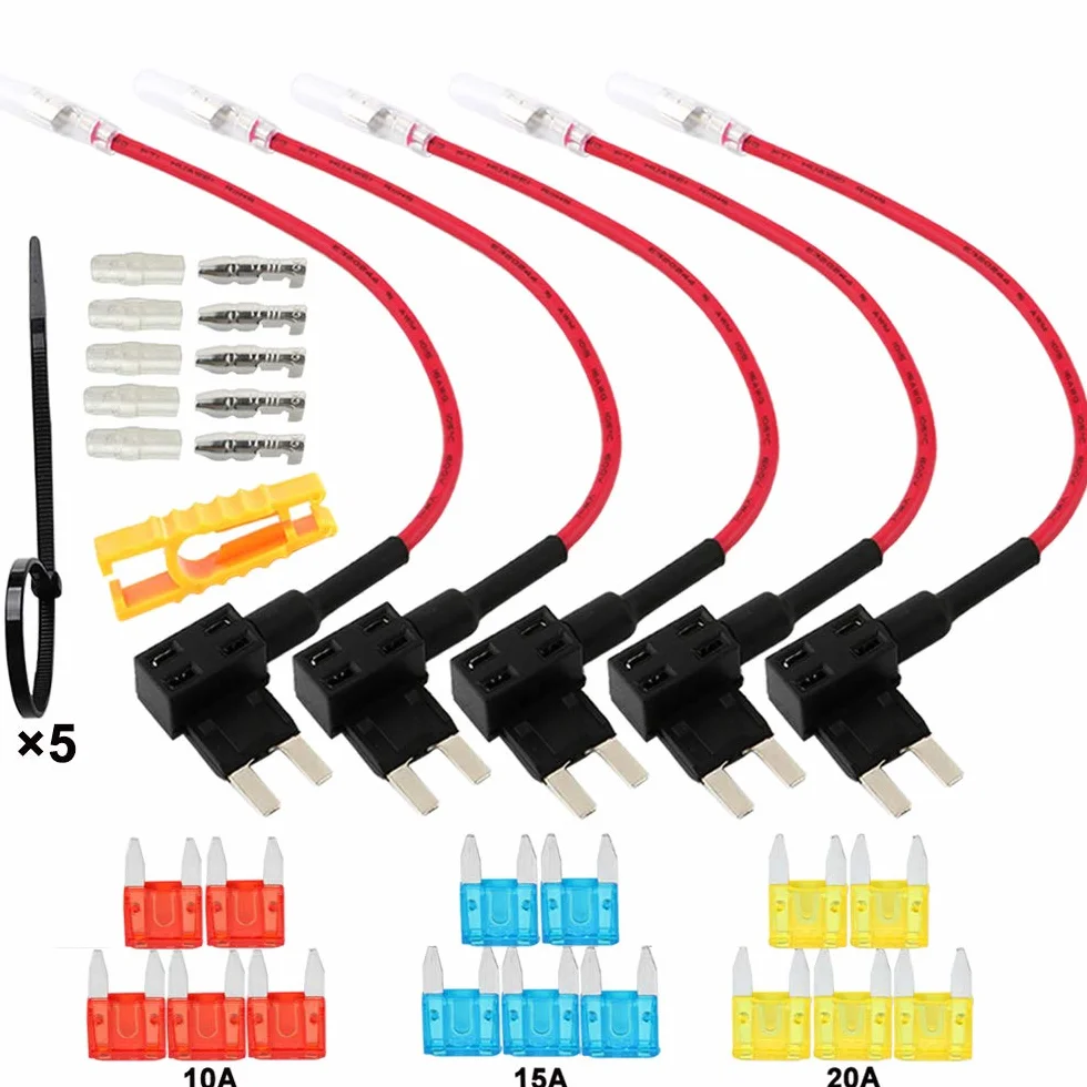 5 szt. Premium 12 V / 24 V mały uchwyt bezpiecznikowy, uchwyt bezpiecznika ostrza, bezpiecznik samochodowy, adapter bezpiecznika płaskiego z 15 bezpiecznikami Mini Blade
