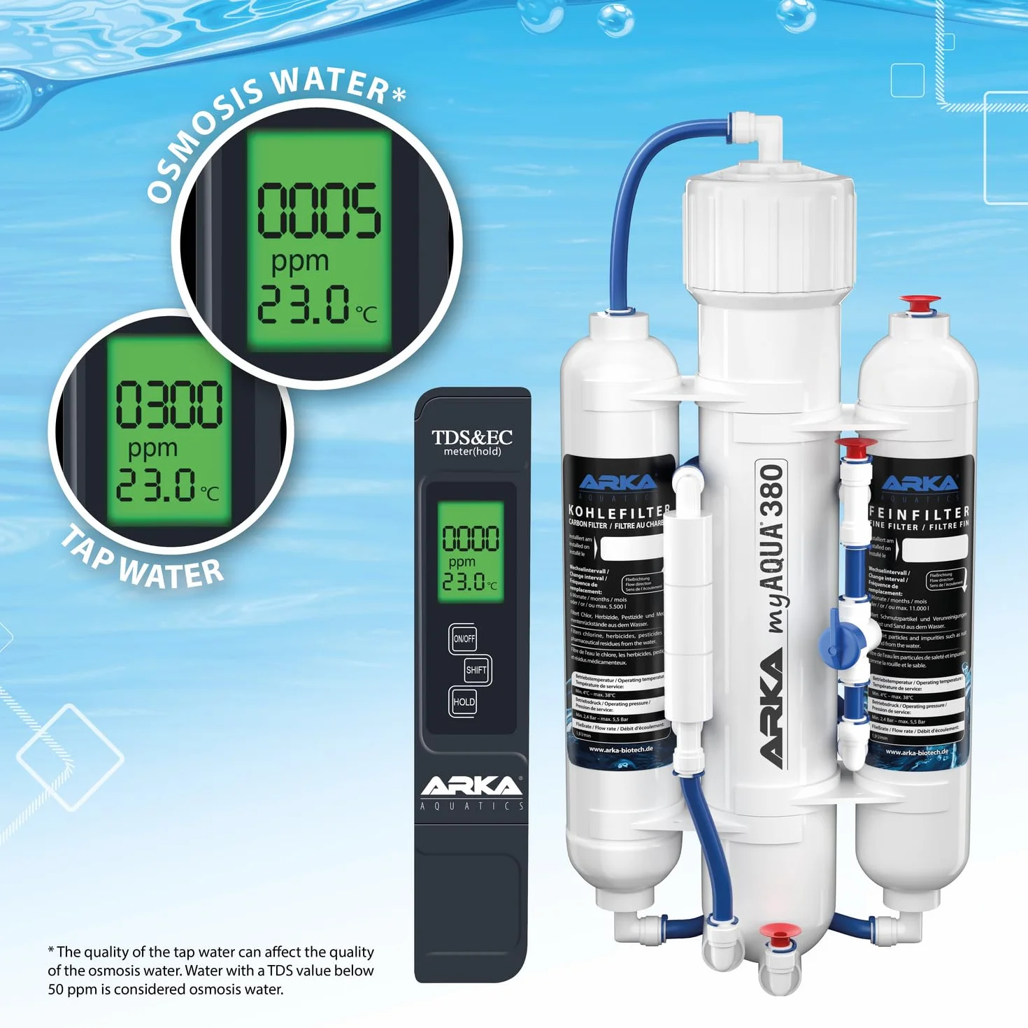 ARKA myAQUA® 380 system odwróconej osmozy na 380 l dziennie. Filtr wody i zmiękczacz do 99% zanieczyszczeń, sól i bakterie z wody. Idealny do każdego gospodarstwa domowego.