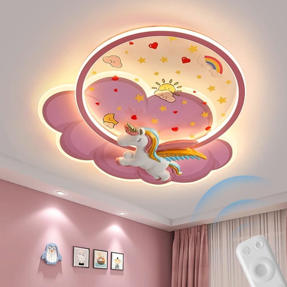 XIN'S Nowoczesna Lampa Sufitowa LED W Kształcie Jednorożca Różowe Chmury Bezstopniowo Ściemnialna Z Pilotem Nadaje Się Do Sypialni Pokój Dziecięcy Pokój Dzienny Korytarz Pokój Dziewcząt Przedszkole
