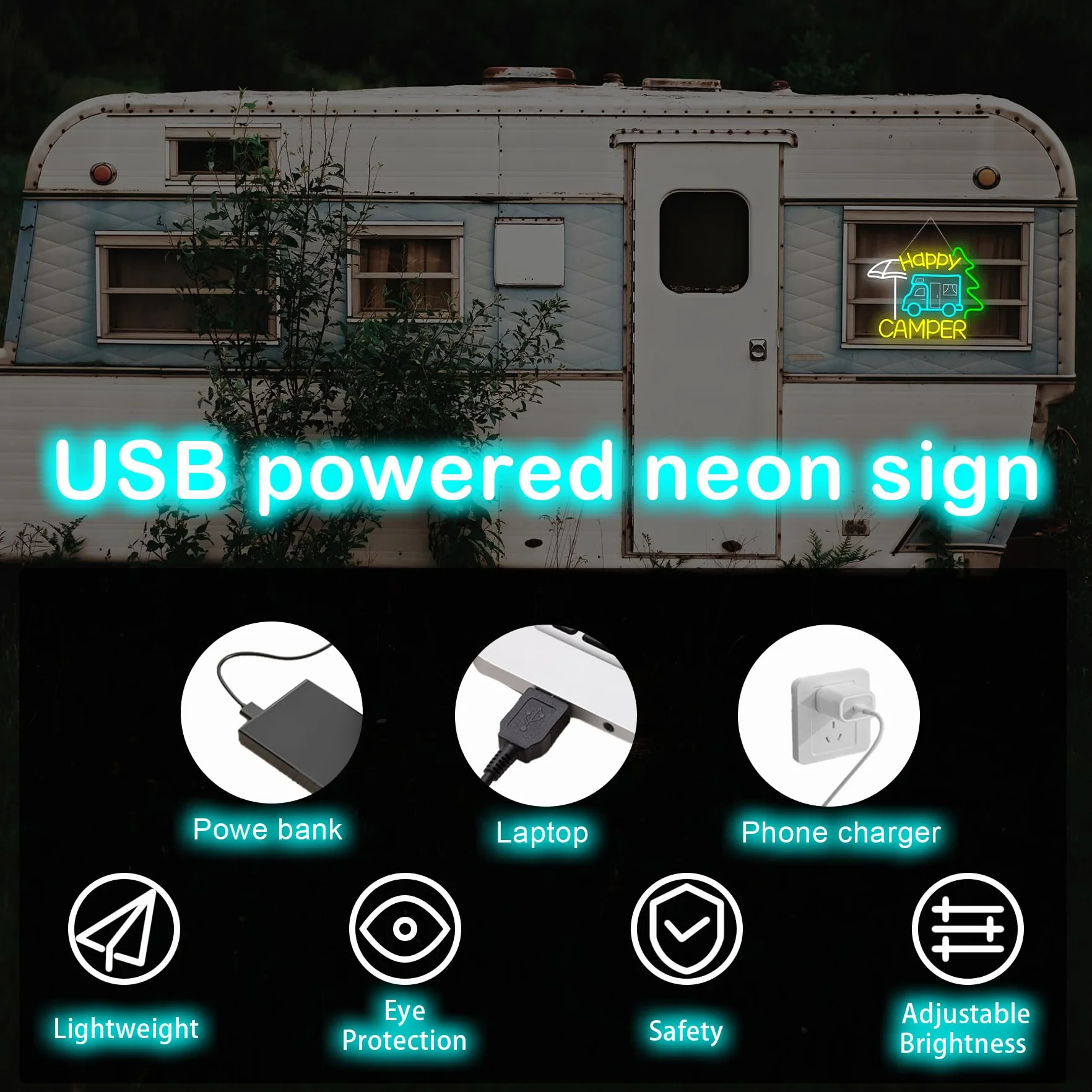 Szyld neonowy Happy Camper, szczęśliwy camper LED, napis LED do kamperów, reklama świetlna do dekoracji miejsc takich jak kemping, pikniki, biwak, namiotowe miejsce, taras, ogród