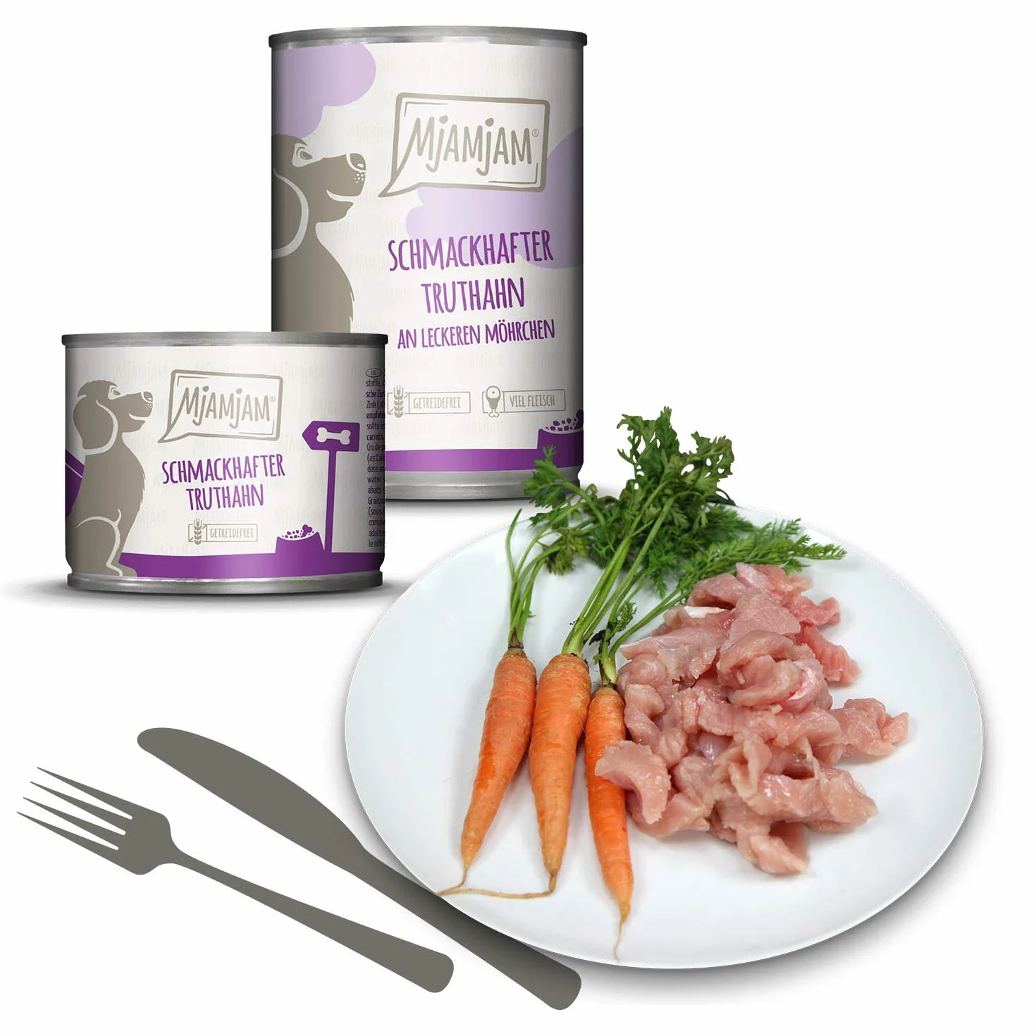 MjAMjAM - Wysokiej jakości mokra karma dla psów – zestaw mieszany II – z kurczakiem i kaczką, wołowiną, indykiem, jagnięciną, 6 sztuk (6 x 400 g), bez zbóż, z bardzo dużą ilością mięsa