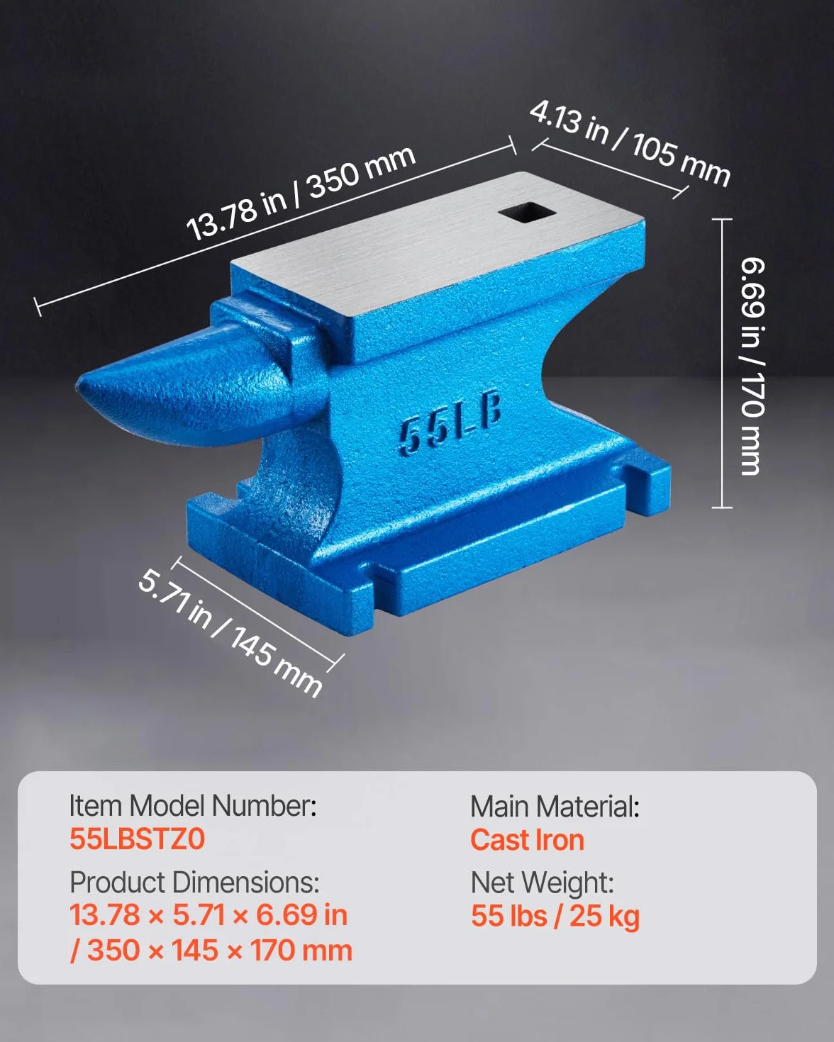 VEVOR Kowal kowal 55 funtów (25 kg) jednoczęściowe żelazko z kwadratowymi otworami idealne dla metalurgów i kowali w warsztacie metalowym oraz do nitowania, spłaszczania kucia i formowania metalu