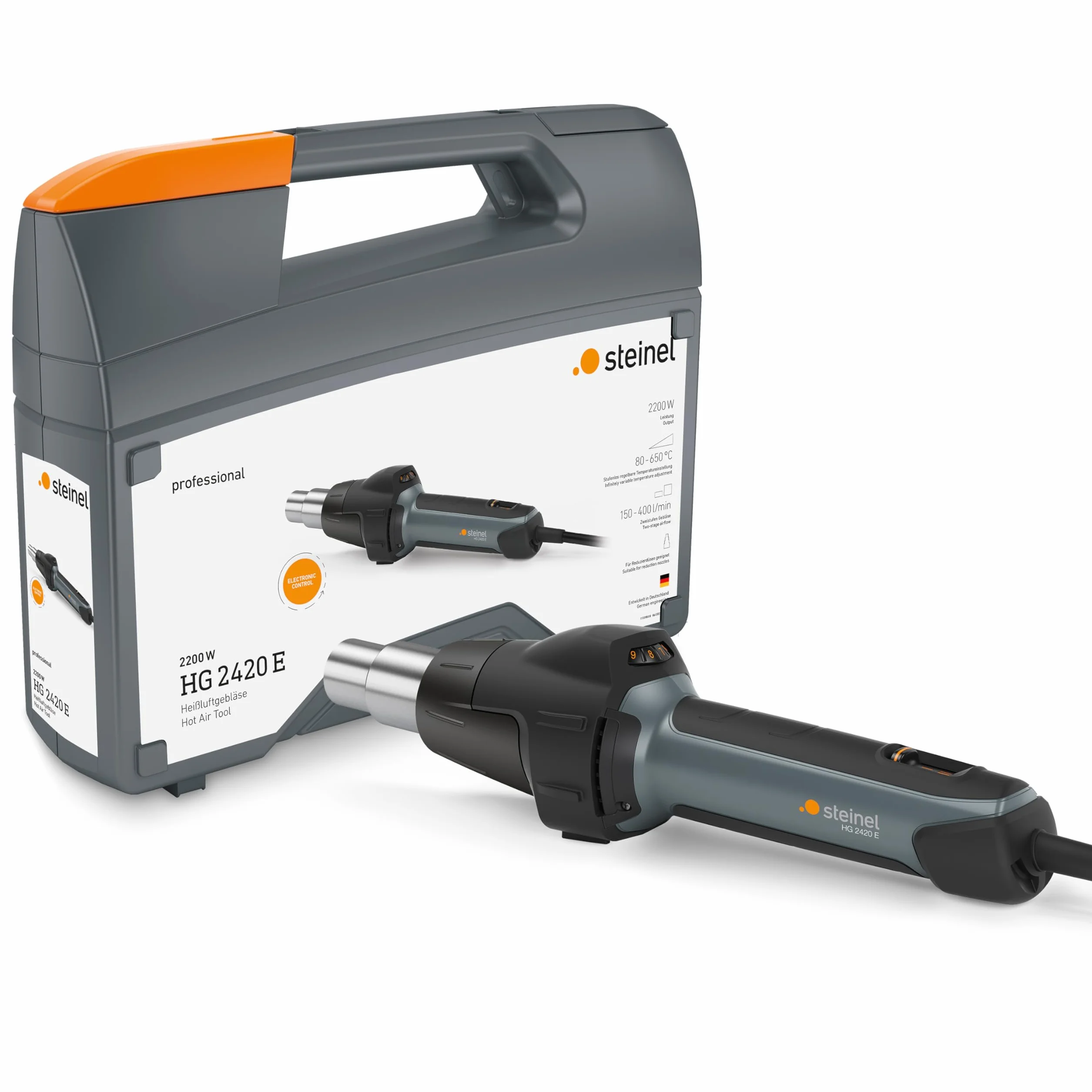 Steinel Opalarka HG 2420 E w walizce, profesjonalna opalarka, narzędzie ręczne, 650°C |500 l/min, filtr drobnopyłowy, 2200 W
