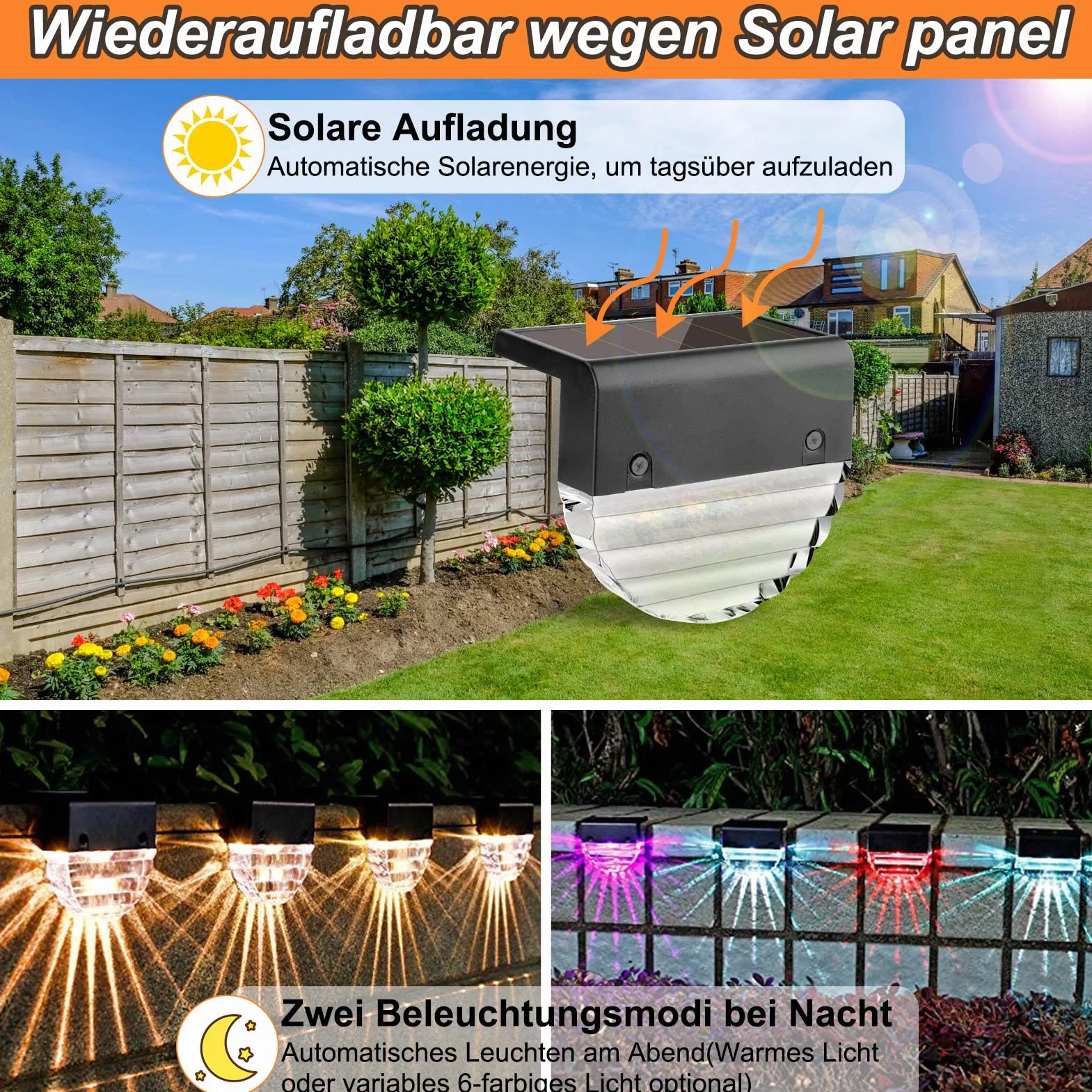 Fuqiduo Lampy solarne na zewnątrz, IP65, wodoszczelne lampy solarne z 2 trybami (ciepła biel i zmiana koloru), zasilana energią słoneczną lampa ścienna do ogrodzenia, ogrodu, tarasu, schodów – 6 sztuk