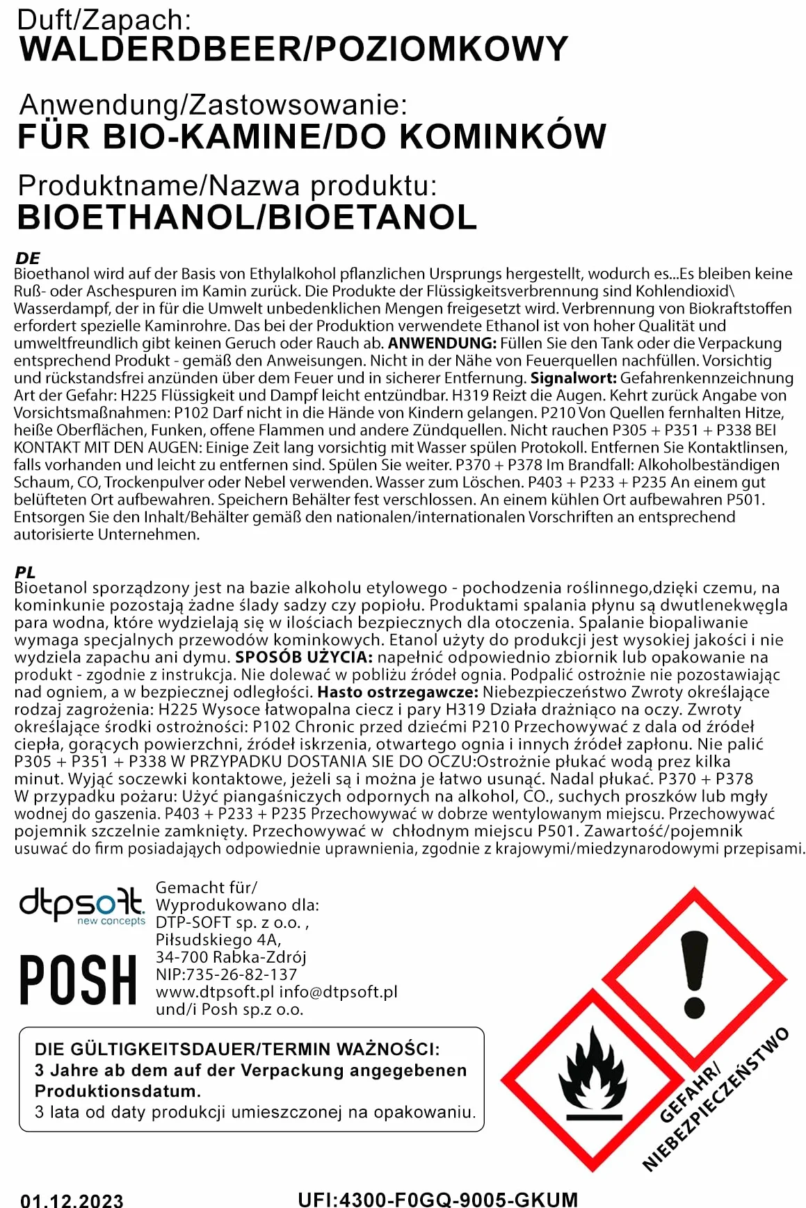 Bioetanol Premium 100% do kominka zapach dzikiej truskawki 5 l