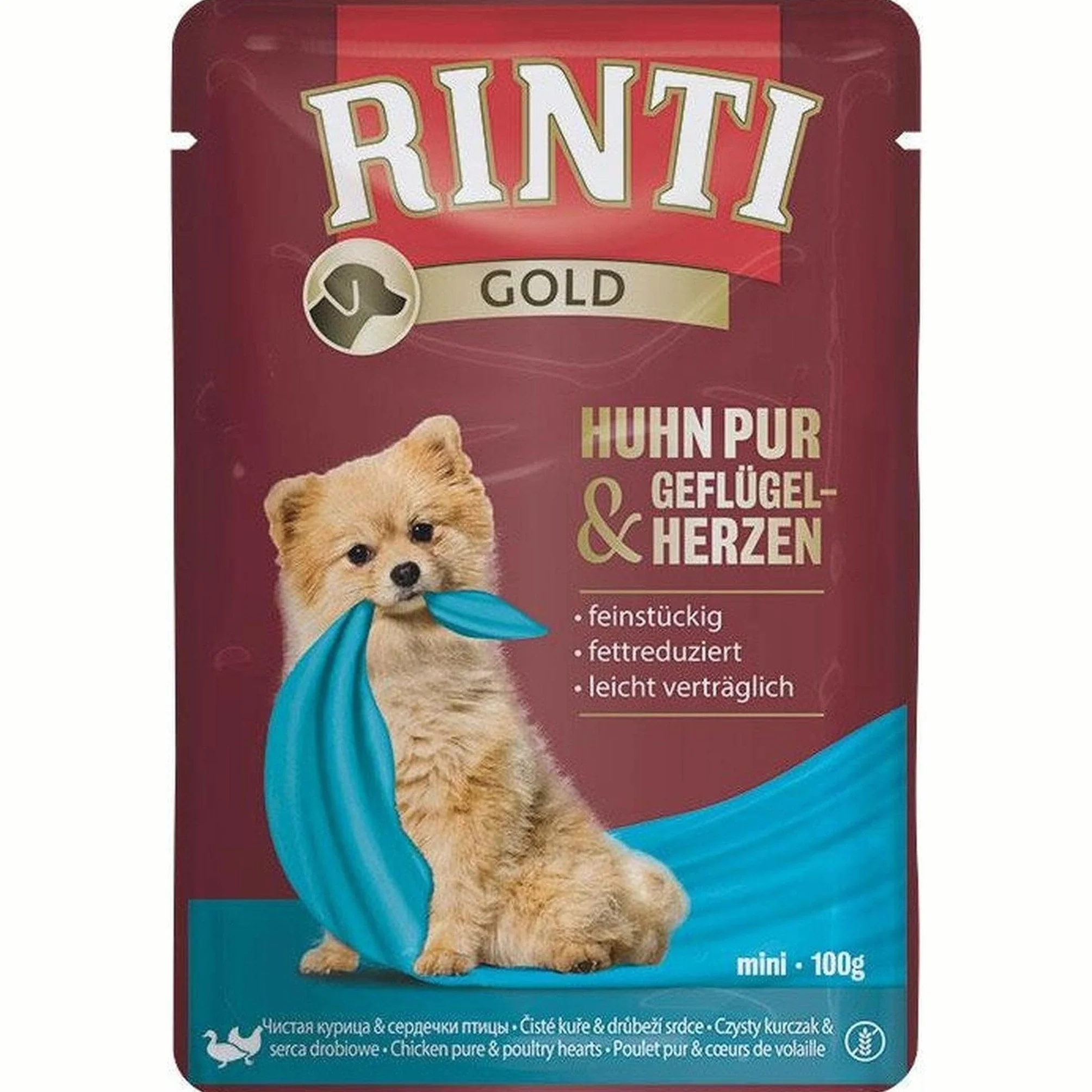 Rinti Gold Mini kurczak czysty i drobiowe serca | 10 x 100 g | pełnoporcjowa karma dla dorosłych małych psów | wyłącznie dla wrażliwych psów w przypadku alergii | w woreczku świeżości