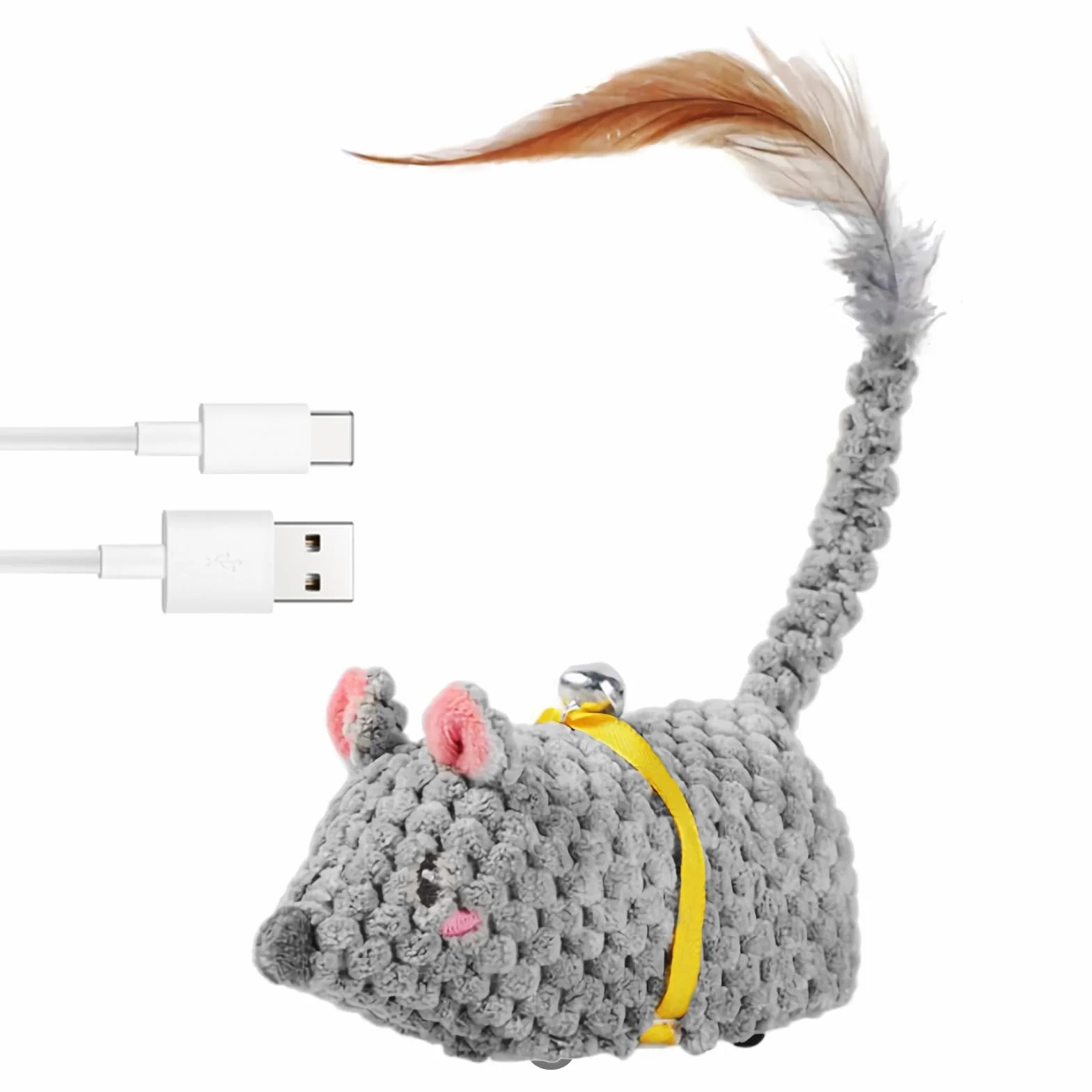 OneNine Zabawka dla kotów w kształku myszki, elektryczna zabawka mysz dla kotów, elektryczna zabawka dla kotów z ogonkiem z piór, zabawka dla kota z kablem USB do spacerów kota i przeciwko nudzie