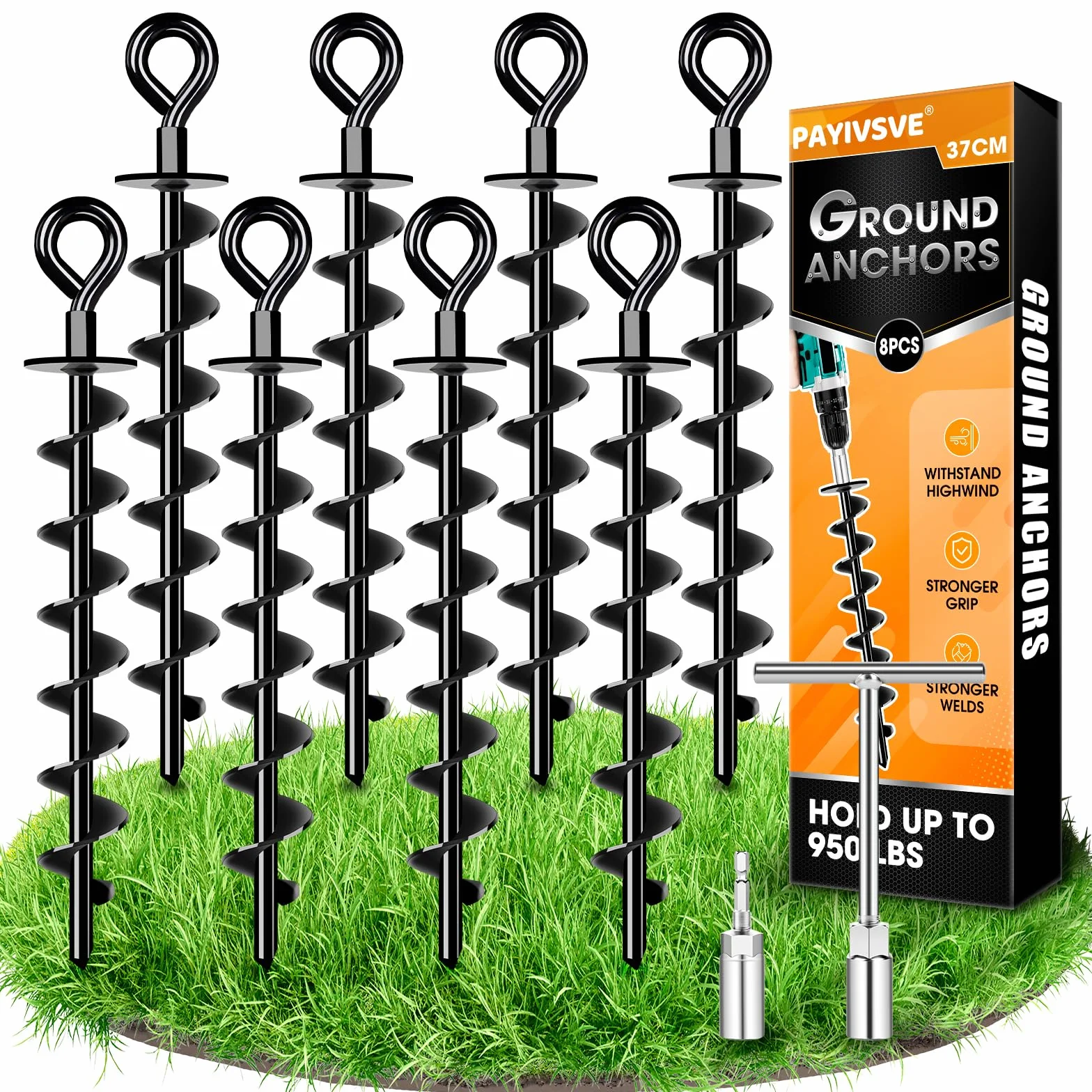 Kotwa gruntowa Heavy Duty – wytrzymała kotwa gruntowa 8 zestawów - Full&Wide Screw, zestaw do bezpiecznego mocowania w podłożu, do mocowania trampoliny, baldachimu, huśtawki itd