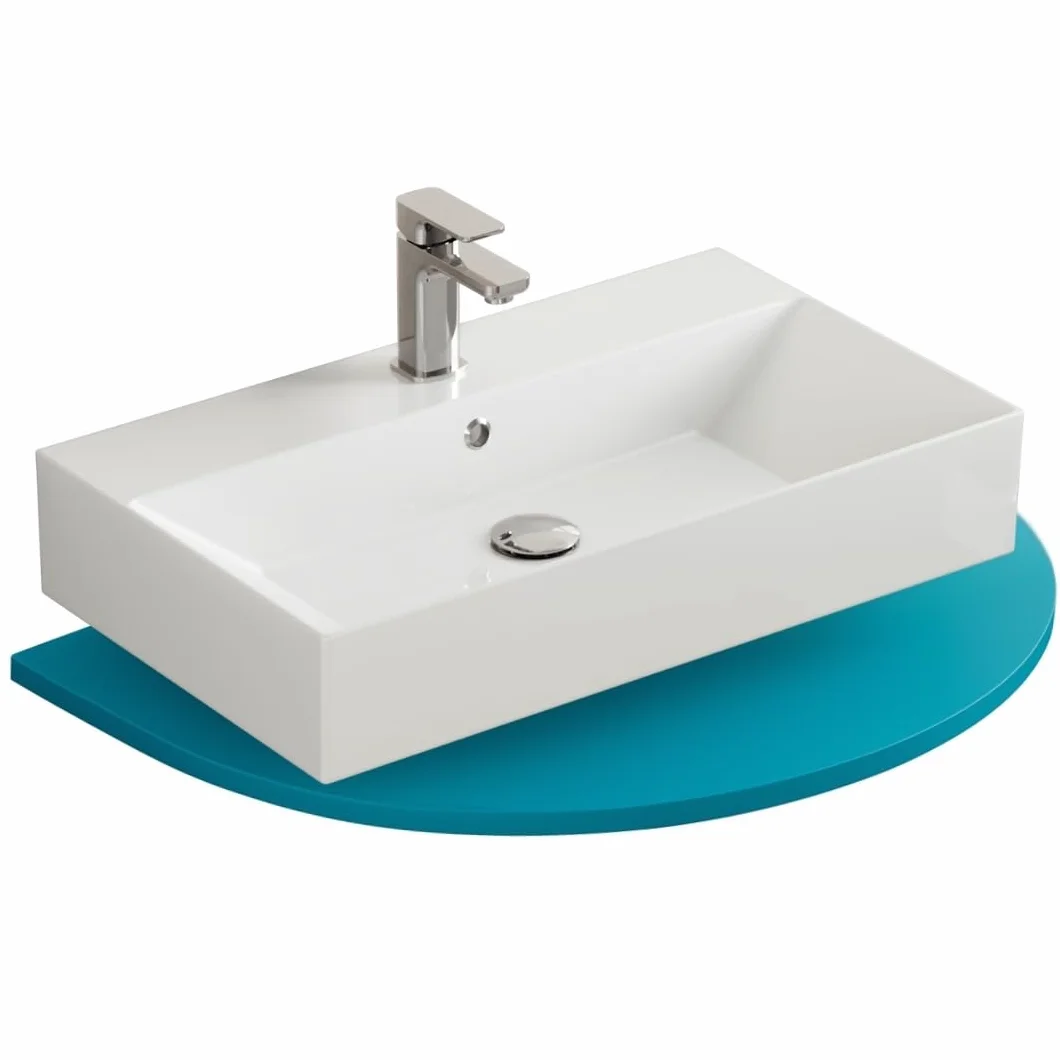Aqua Bagno umywalka 70 cm prostokątna, ceramiczna biały połysk do montażu ściennego, z otworem na baterię i przelewem, nowoczesny design do łazienki, łatwa w czyszczeniu