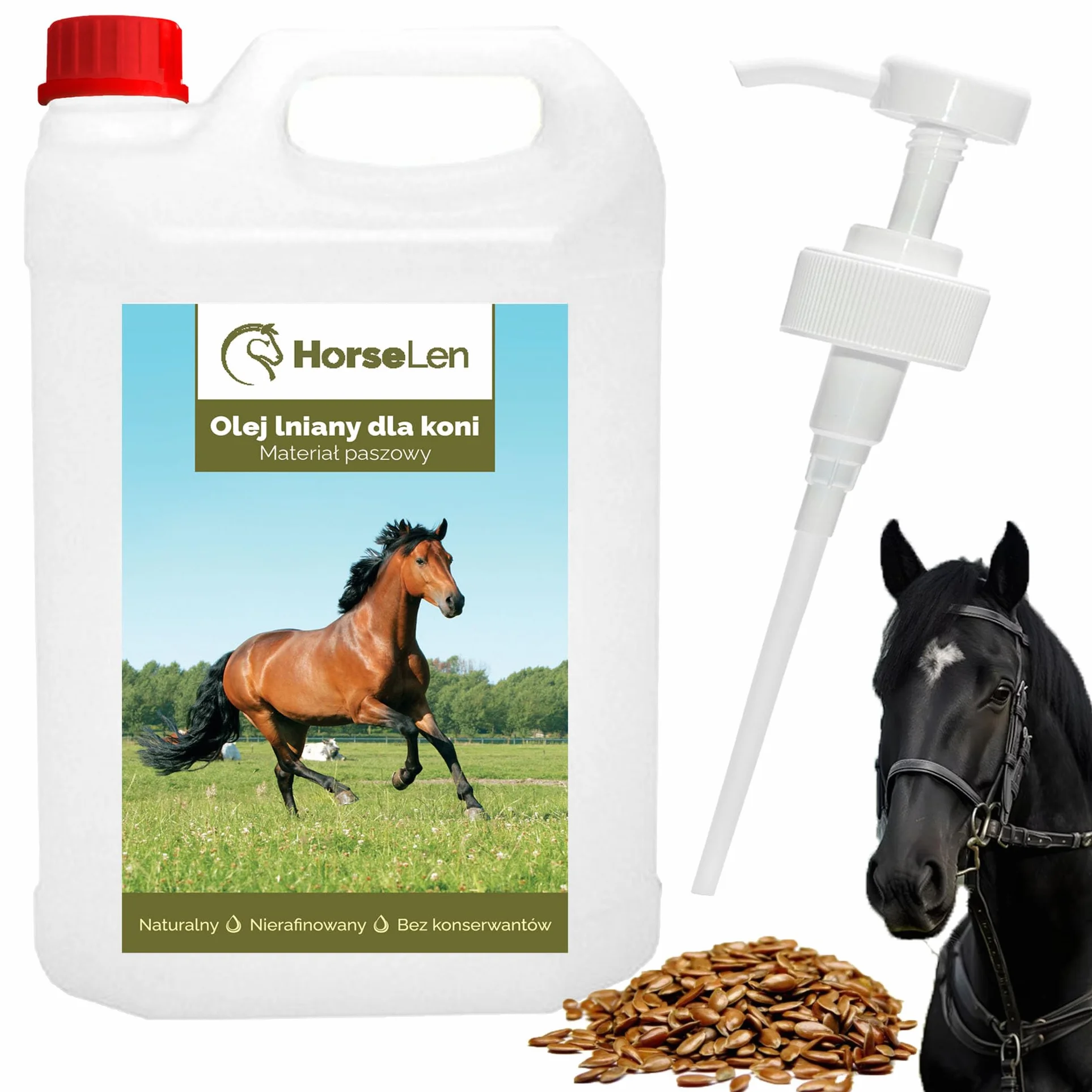 HORSELEN, Olej Lniany dla Koni, Nierafinowany, 100% Naturalny, Tłoczony na Zimno, Bogaty w Omega-3, Witaminy A, D, E, 5L + Pompka Dozująca, Dawkowanie 50-120ml/dzień