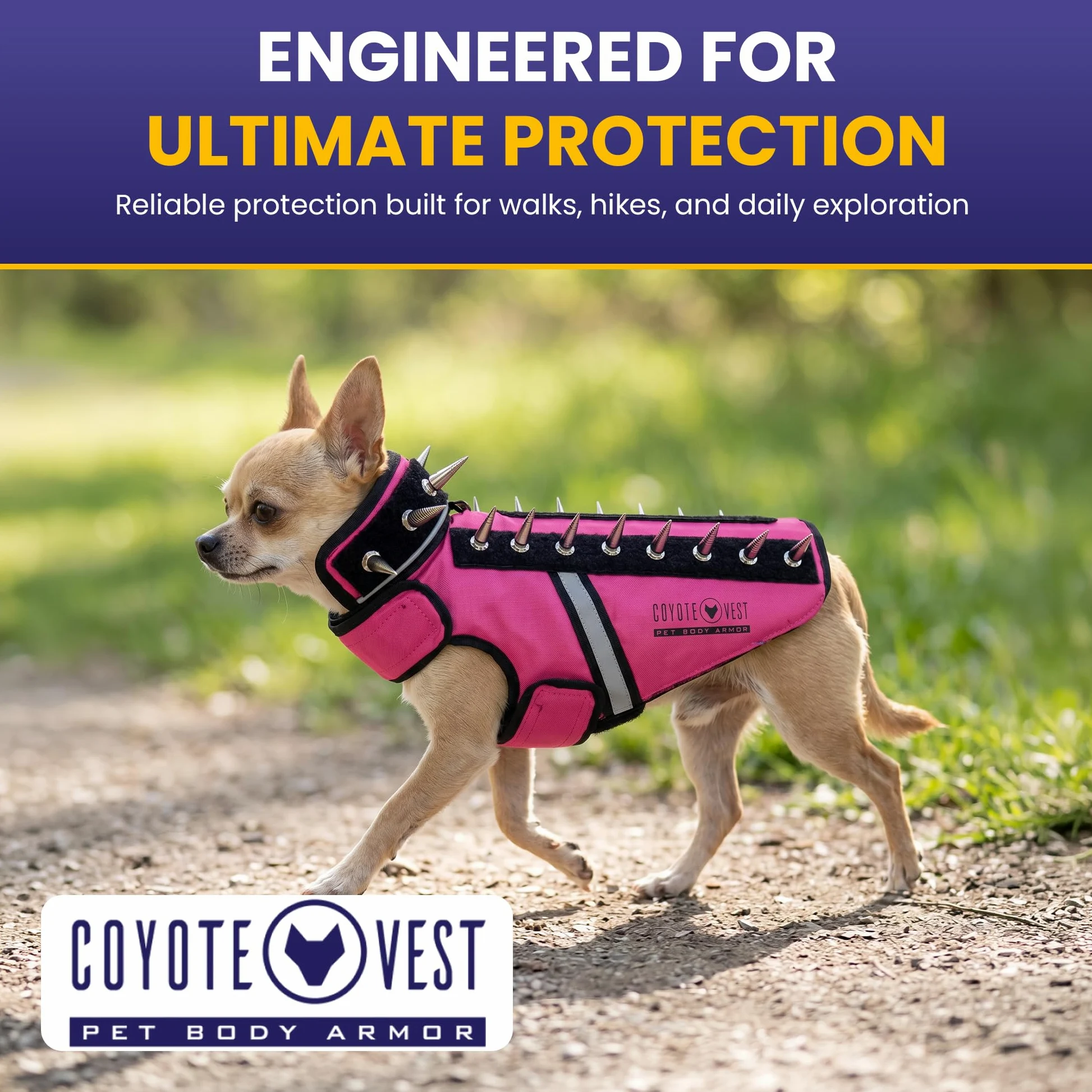 CoyoteVest SpikeVest kamizelka dla psa, odblaskowe akcesoria dla psów z kolcami, które chronią zwierzę przed atakami raptora i zwierząt, zakładki na rzepy do szybkiego noszenia i zdejmowania (rozmiar M, Texas Tan)