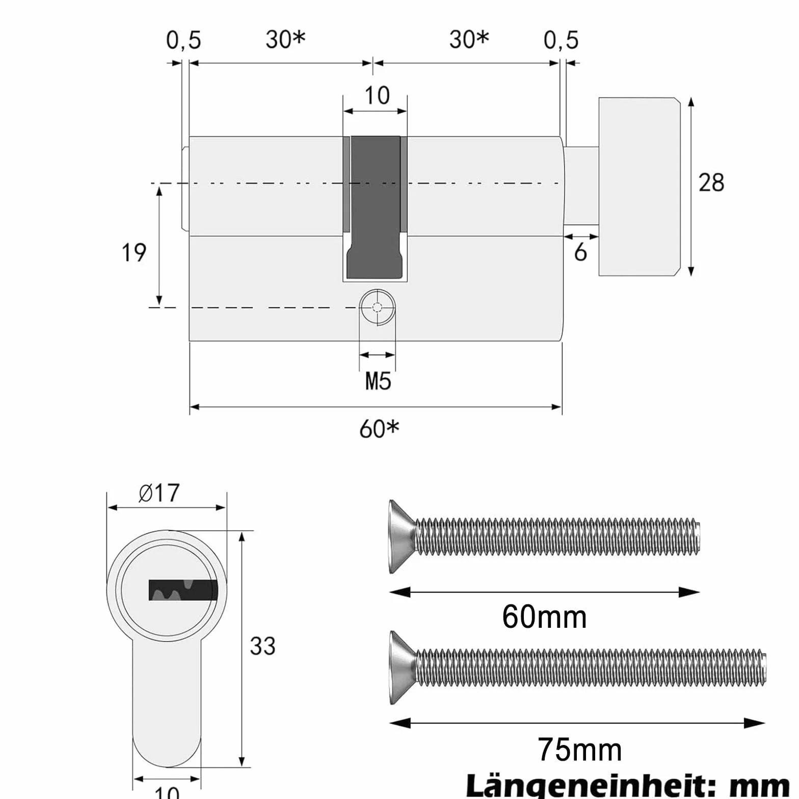 Cylinder zamykający z gałką, 30/30 z 5 kluczami mosiężnymi, cylinder zamykający z mosiądzu, profilowany cylinder z gałką, klucz dwustronny, zamek bębenkowy, akcesoria zapasowe, zamek