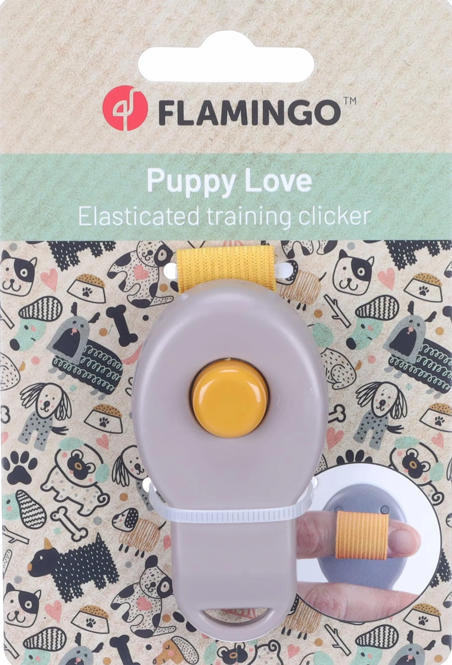 Flamingo Clicker dla szczeniąt Xia Taupe 7x4x2,5 cm z zatrzaskiem i elastycznym mocowaniem na palec