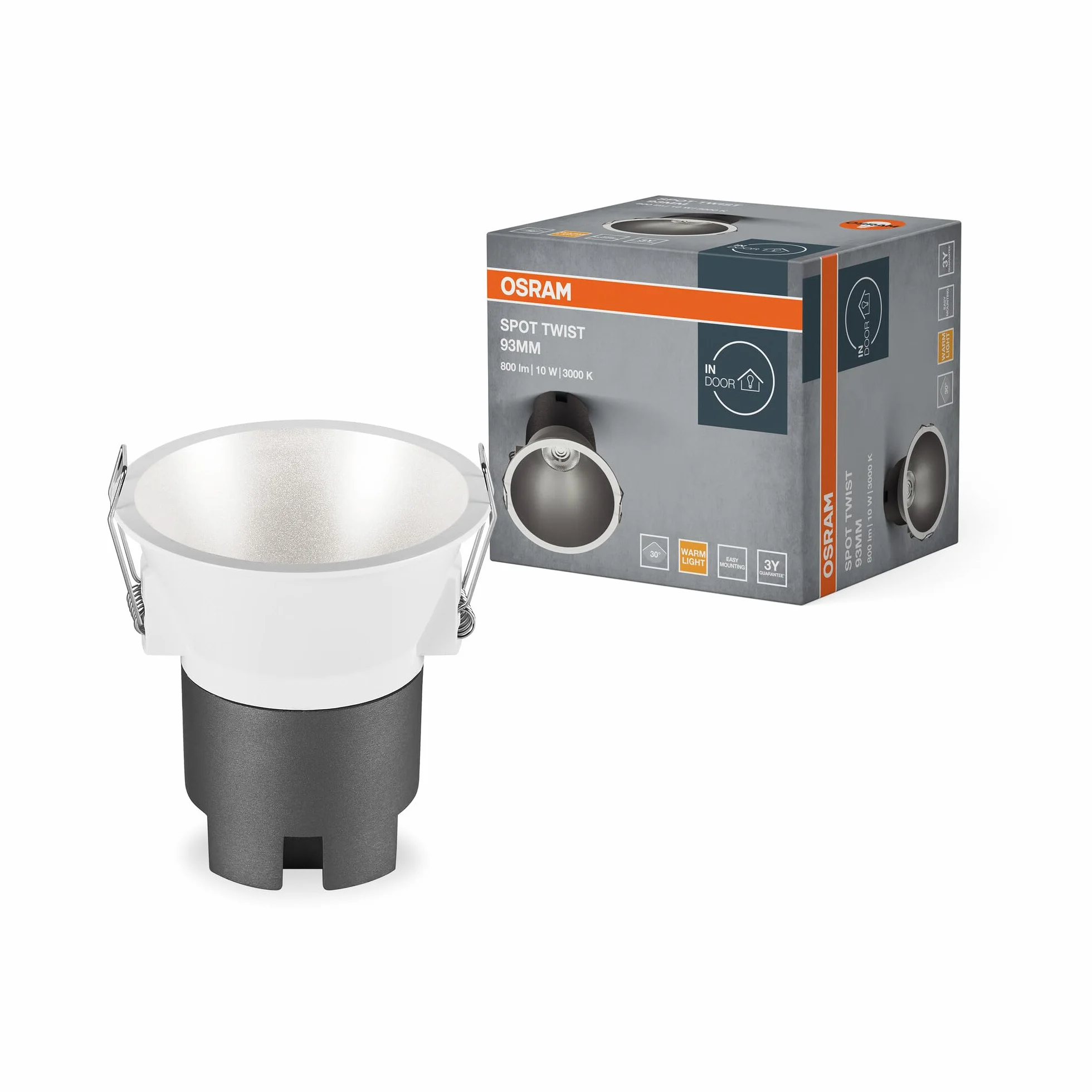 OSRAM Downlight wpuszczany SPOT TWIST, srebrny, 10 W, 800 lm, 830 WT, średnica 93 mm, ciepła biała barwa światła, do 90% oszczędności energii w porównaniu do opraw halogenowych typu downlight, łatwy