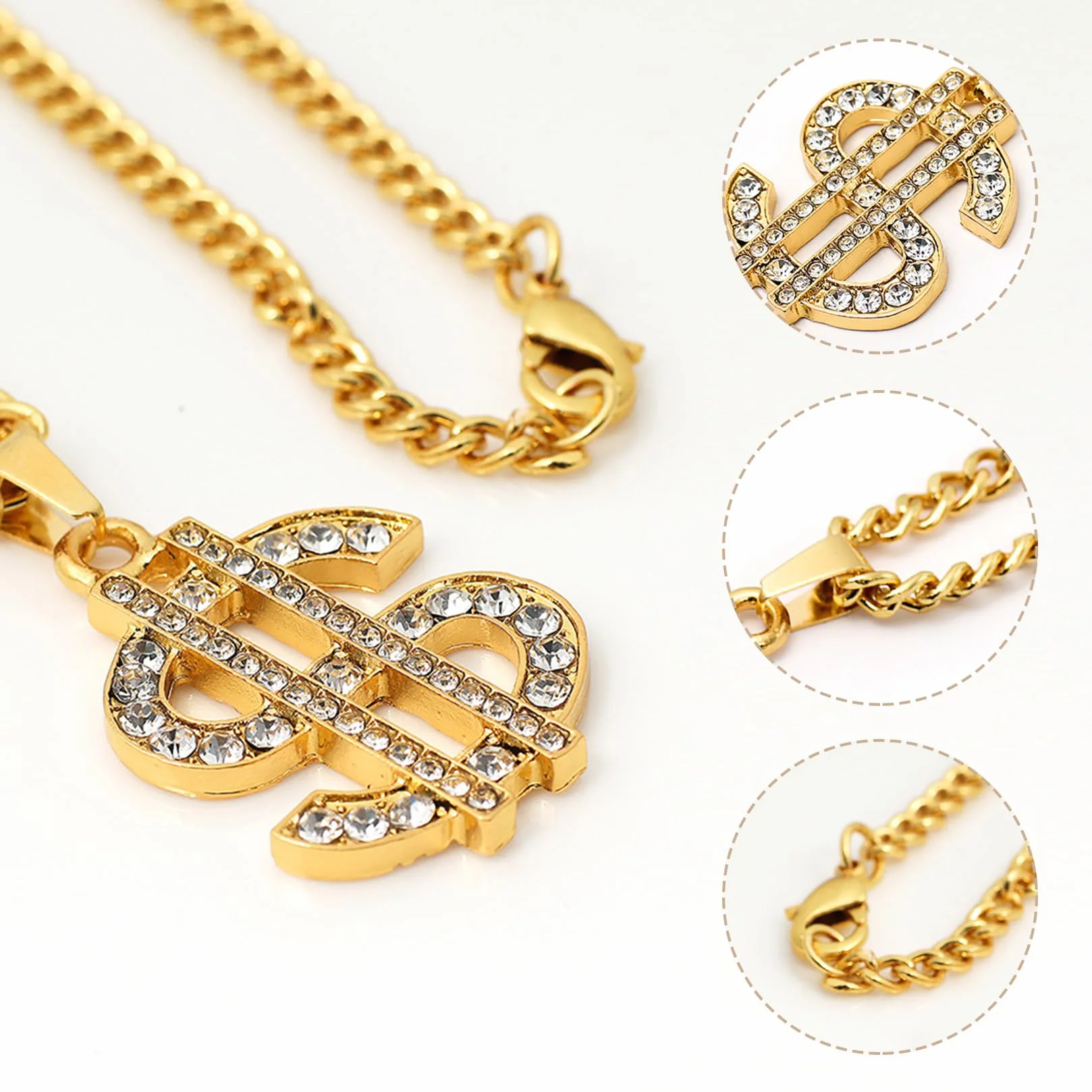 Kostium alfonsa 5 części Hip Hop Dollar Chain & Ring Shadow Wizard Money Gang Gold Chain Okulary przeciwsłoneczne 80s i 90s Strój męski Akcesoria Kostium karnawałowy