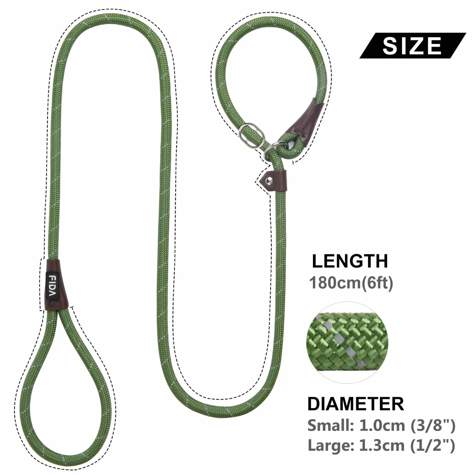 Fida Slip Rope Smycz do psa | 1,8m, jednolita wielkość, smycz Slip-On. Łatwa w użyciu, nie wymaga obroży ani uprzęży. Trwałe i odporne na warunki atmosferyczne liny wspinaczkowe z odblaskowymi szwami
