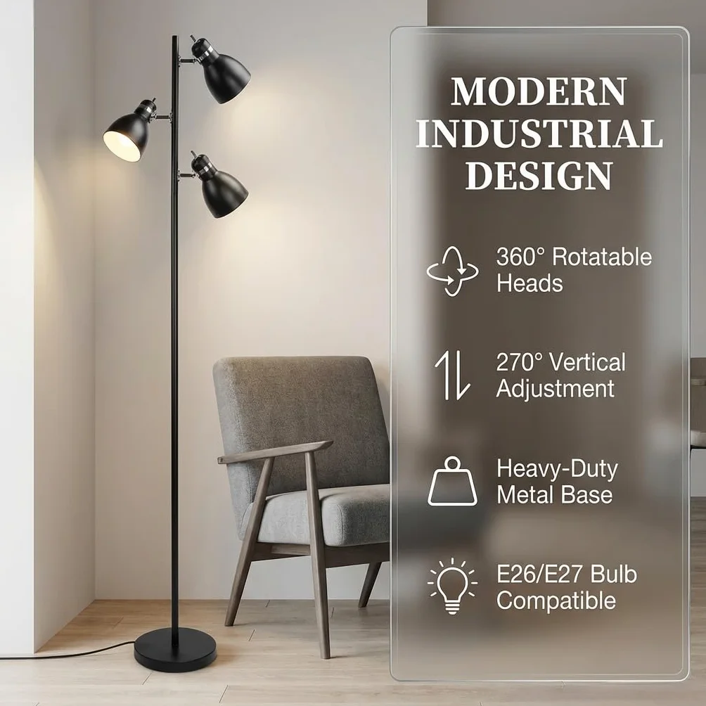 FIRVRE Lampa stojąca w kształcie drzewa z 3 regulowanymi obrotowymi metalowymi głowicami, czarna rustykalna lampa przemysłowa, lampa stojąca do salonu, sypialni, biura, podstawa E27