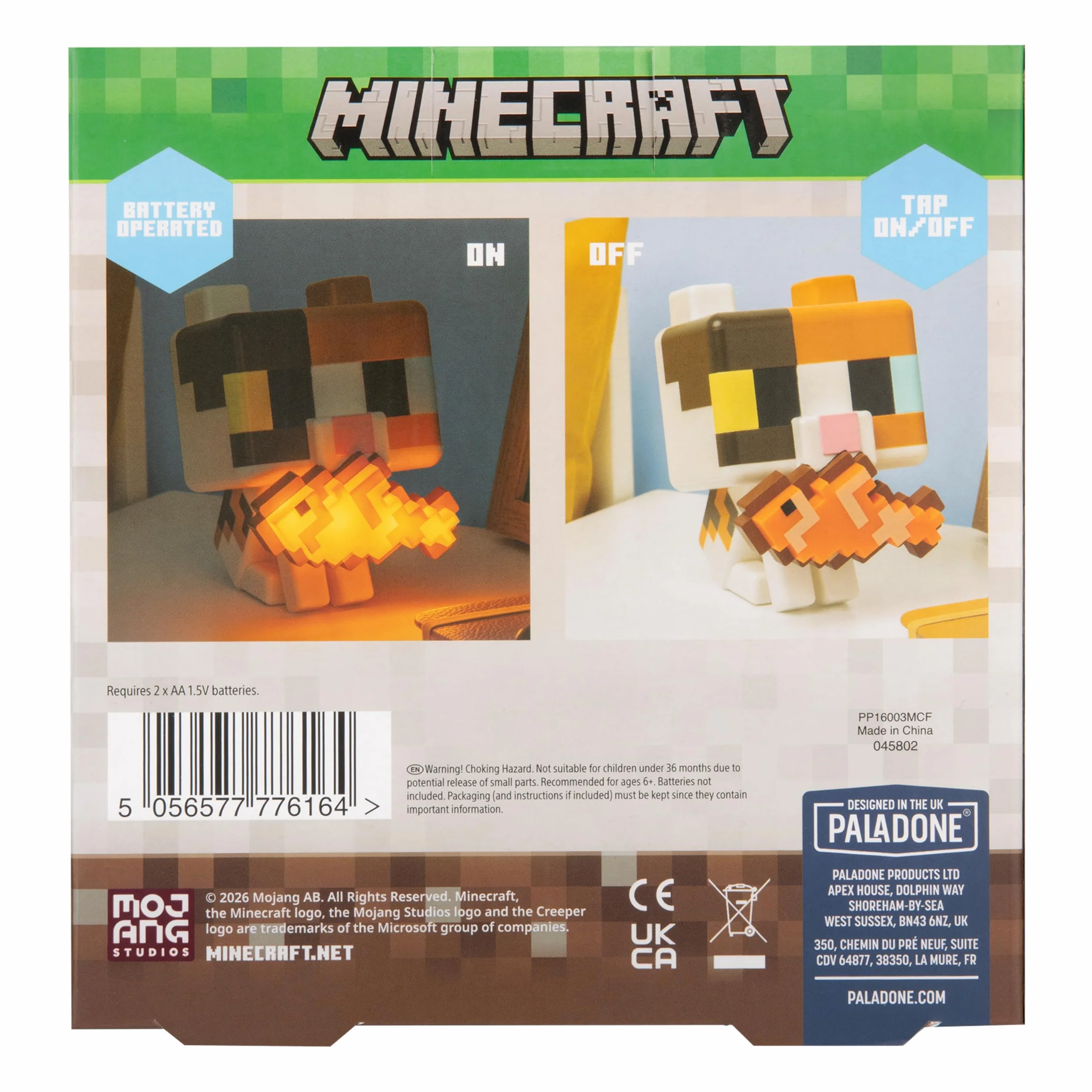 Paladone Minecraft Cat GloBuddies Light, lampa typu tap-to-on, 15 cm, z podświetlaną rybą, zasilana baterią AA, oficjalna licencja