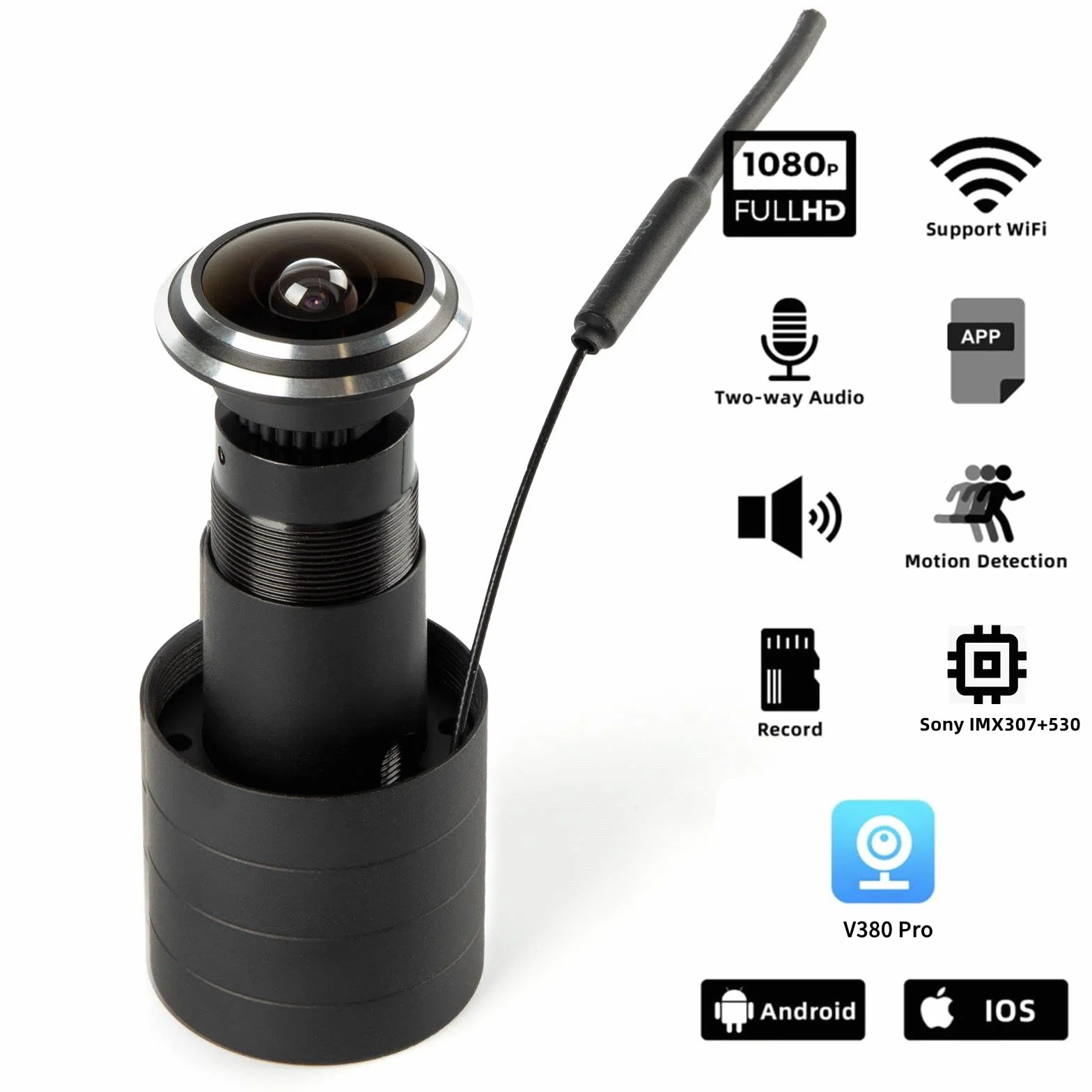 Syuantech Szerokokątna kamera CCTV 1080p 180 stopni z otworem na drzwi - Mini wizjer - WiFi Connect V380 Pro App (obiektyw rybie oko 1,78 mm)