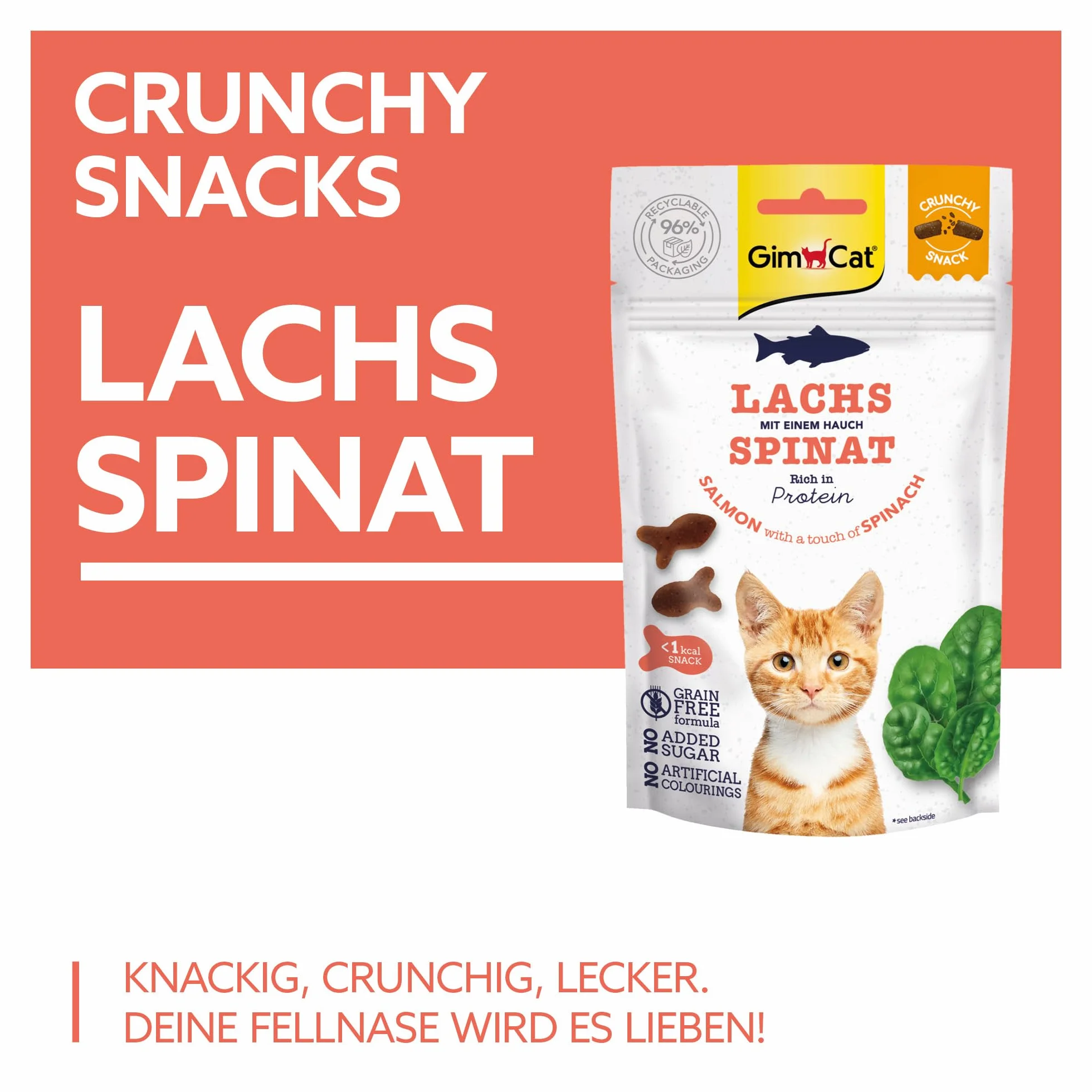 GimCat Crunchy Snacks łosoś i szpinak – chrupiące i bogate w białko przysmaki dla kotów – 1 worek (1 x 50 g)